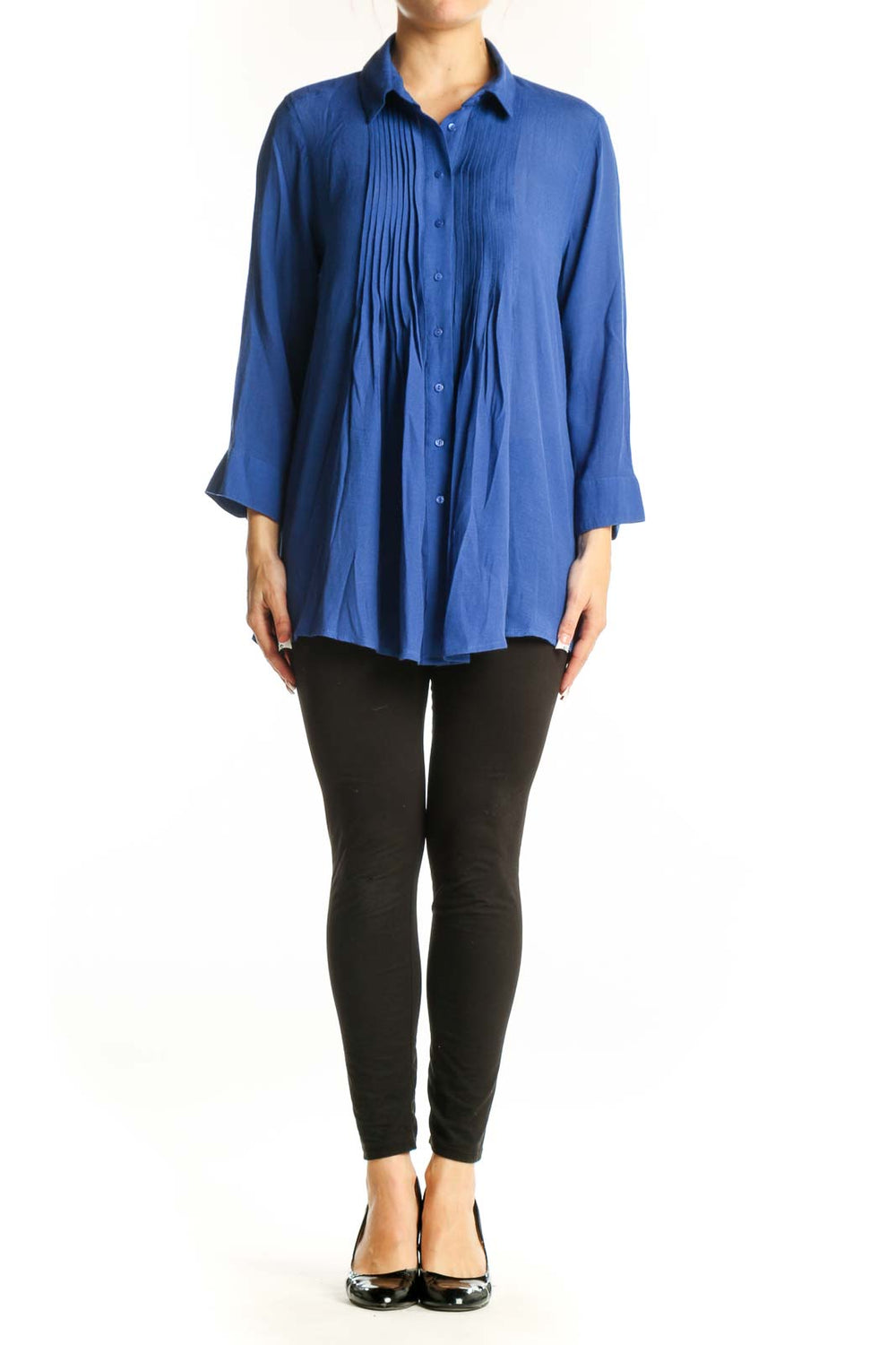 Front view of blue pleated button-down blouse by Fever