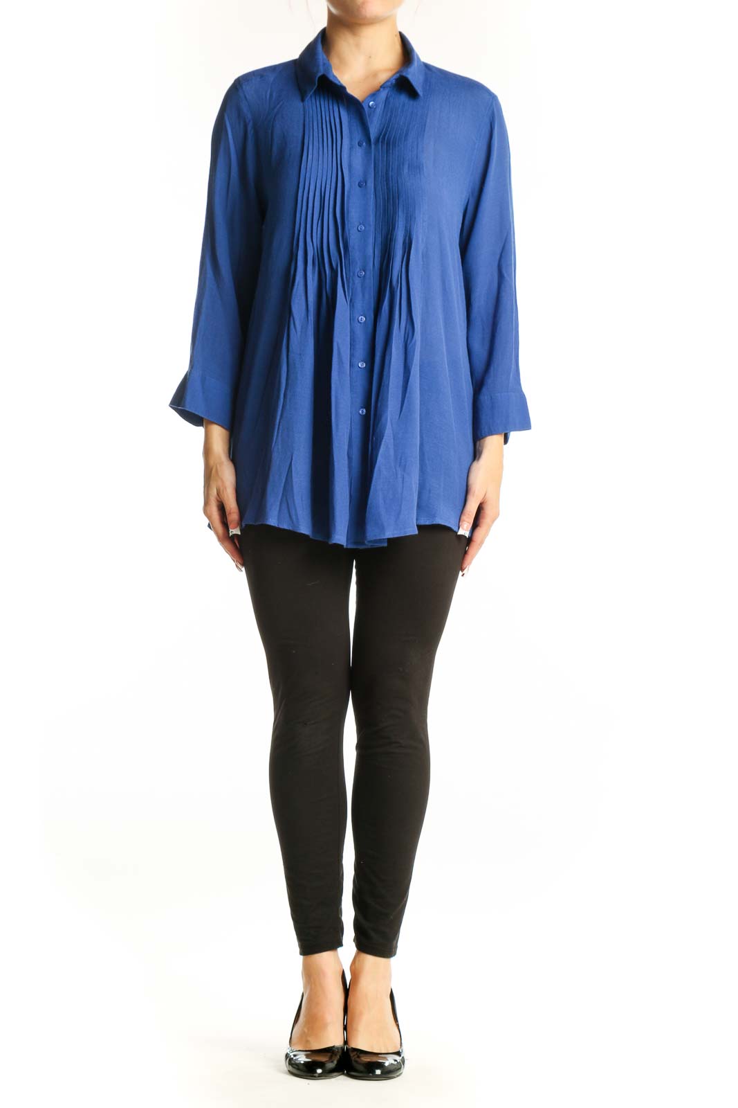 Front view of blue pleated button-down blouse by Fever