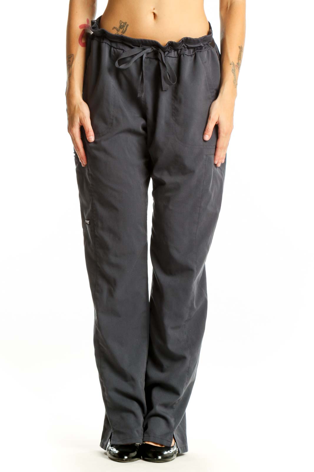 Front view of GREY'S ANATOMY gray drawstring waist scrub pants