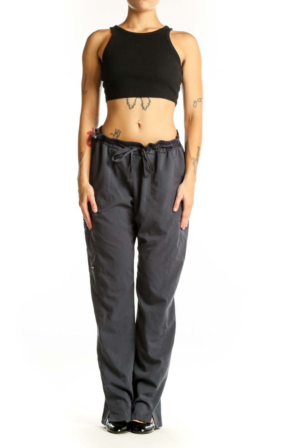 Front view of GREY'S ANATOMY gray drawstring waist scrub pants