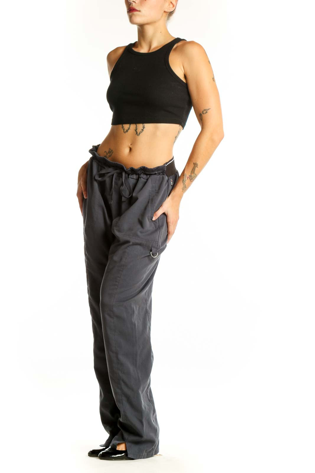 Front view of GREY'S ANATOMY gray drawstring waist scrub pants