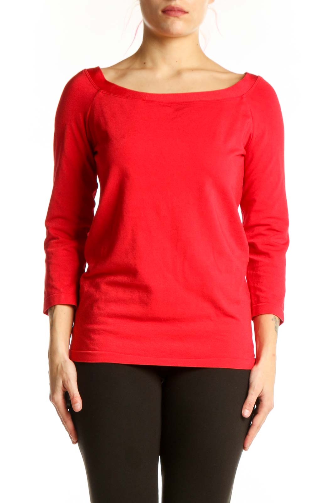 Red long sleeve cotton top with crew neckline, front view on model