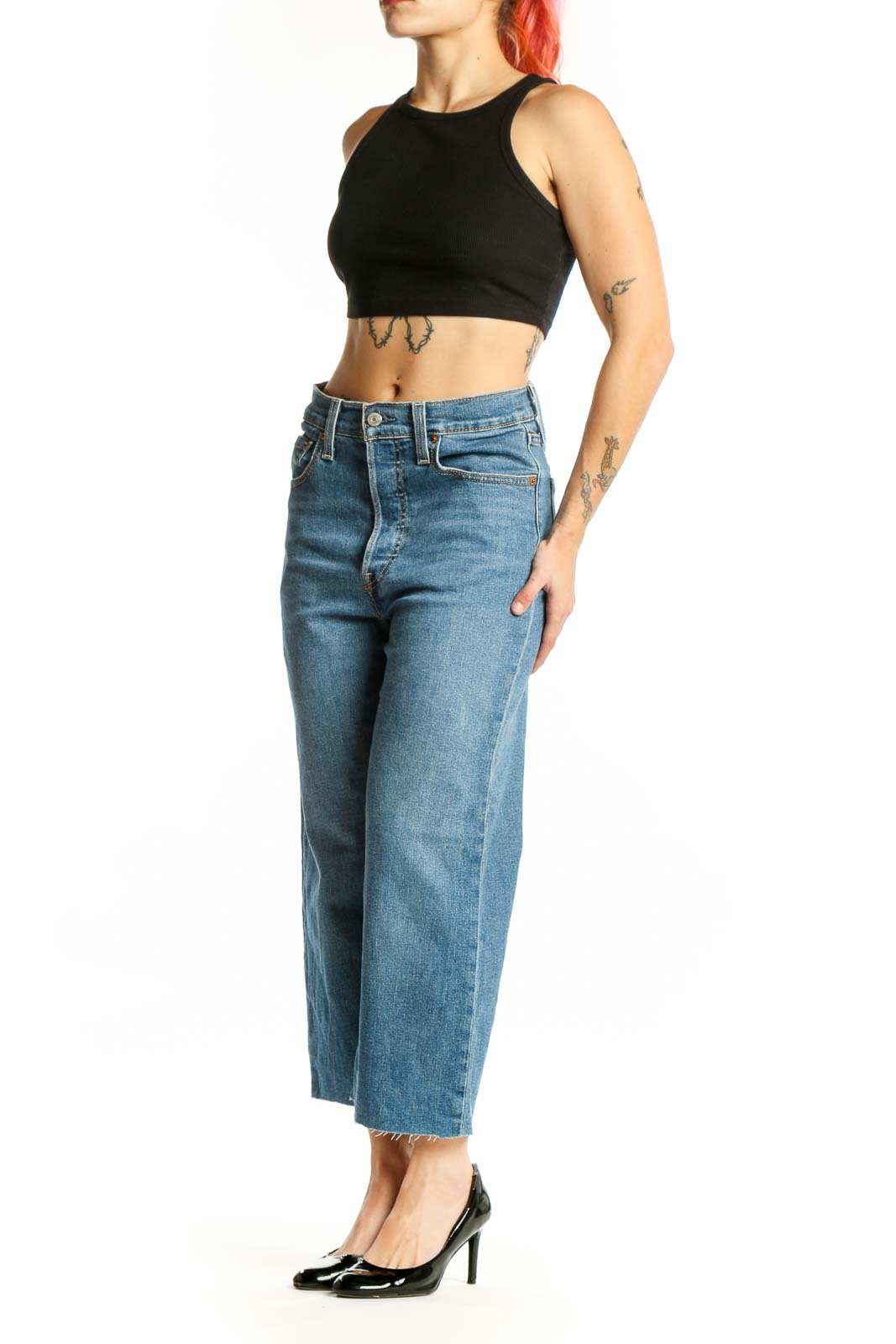 Front view of blue denim cropped wide-leg jeans with high waist and classic Levi's detailing