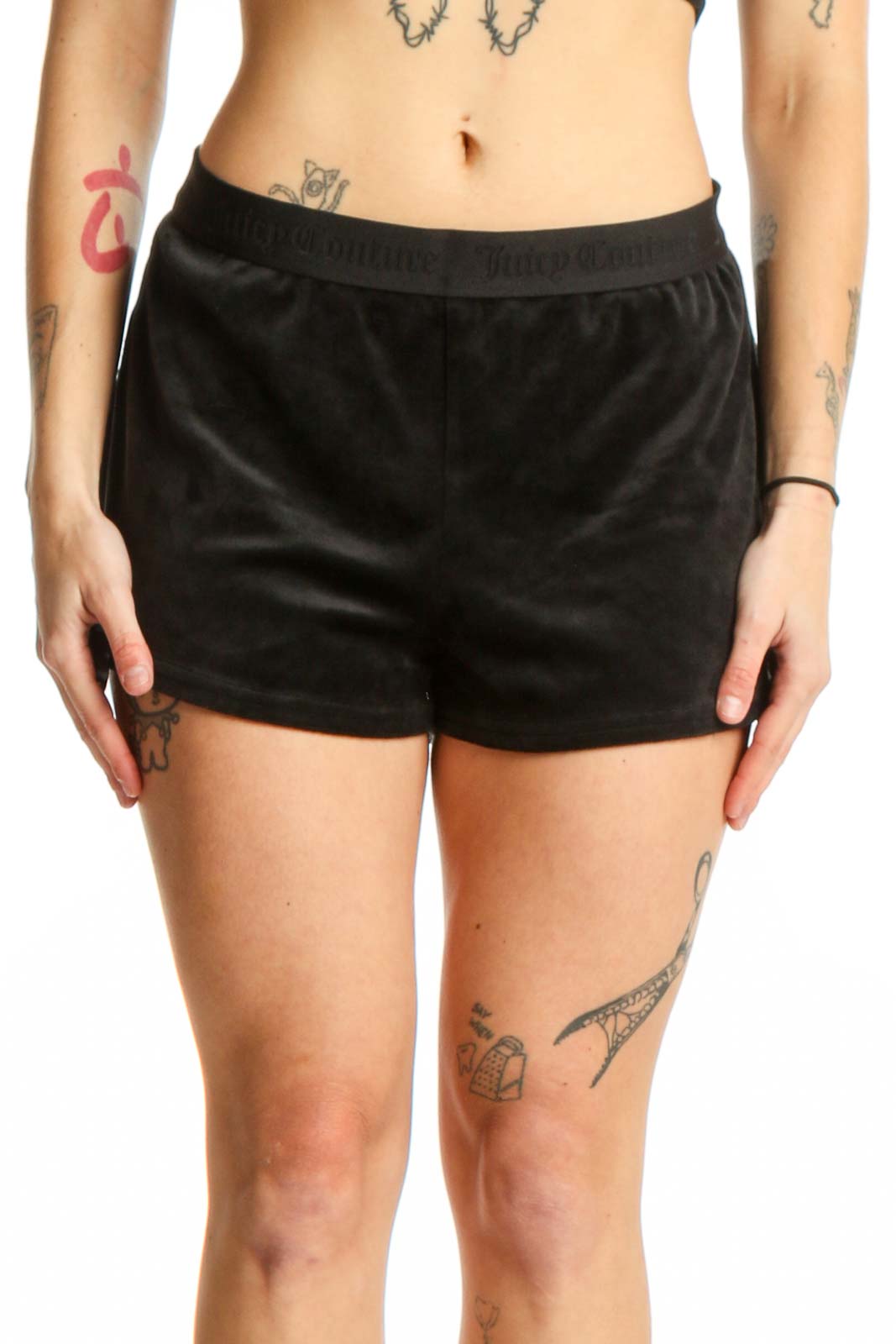 Black velvet shorts with elastic waistband from JUICY by Juicy Couture, front view
