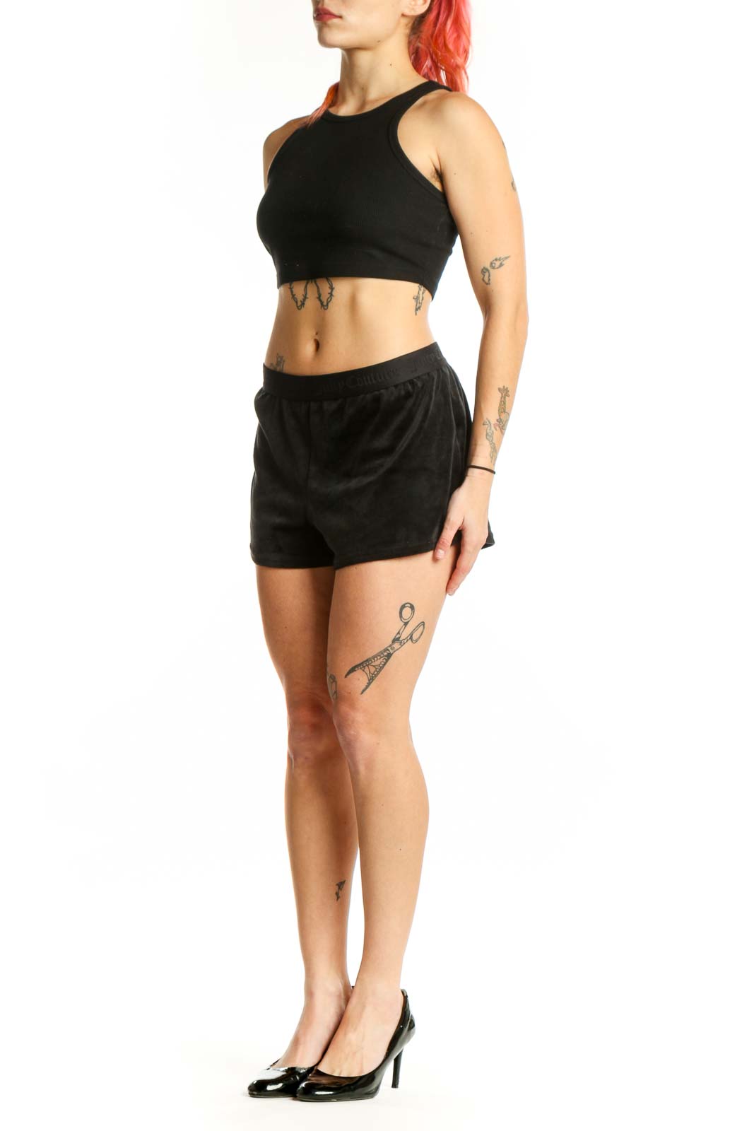 Black velvet shorts with elastic waistband from JUICY by Juicy Couture, front view