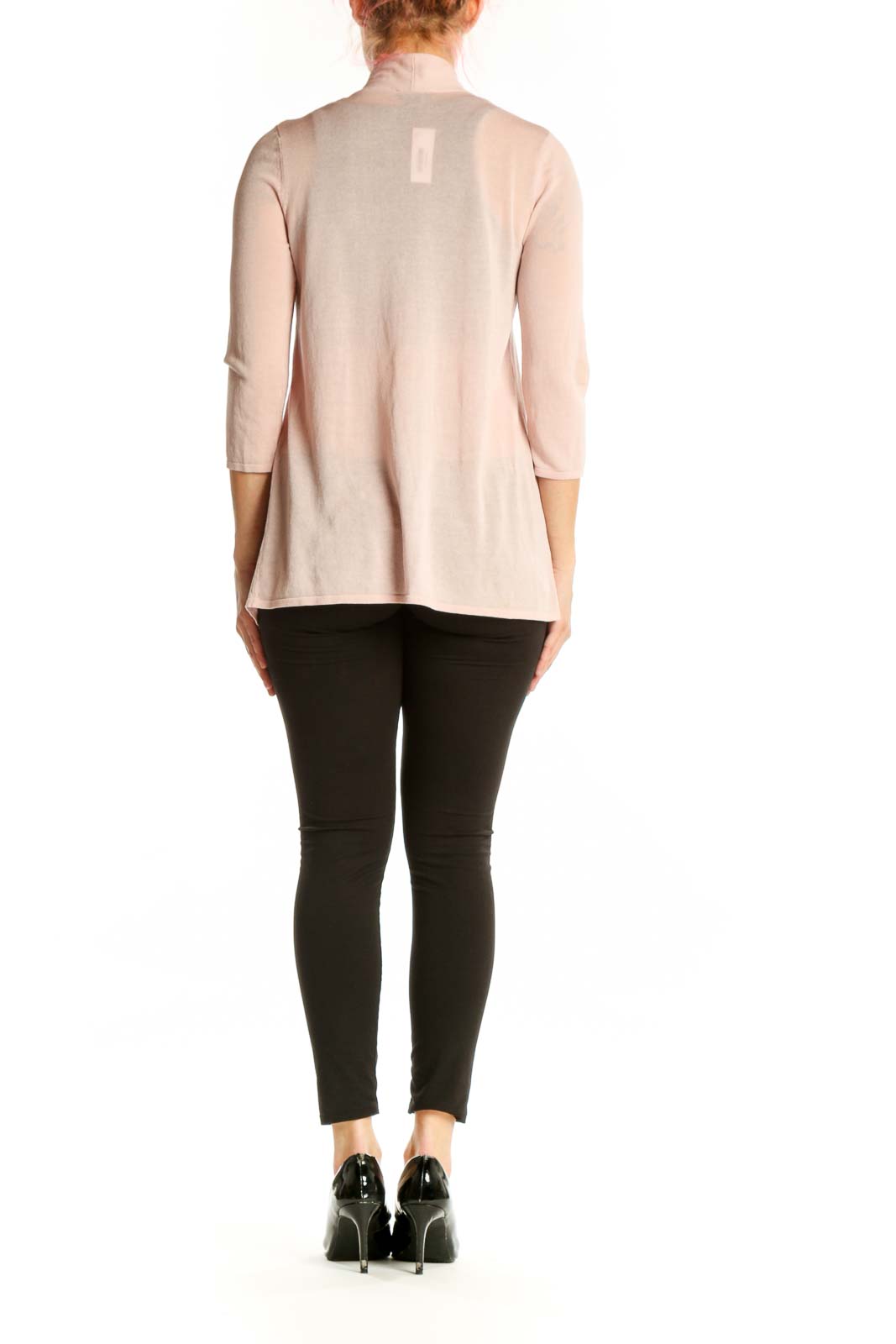 Back view of blush pink open front cardigan showing relaxed fit and three-quarter length sleeves