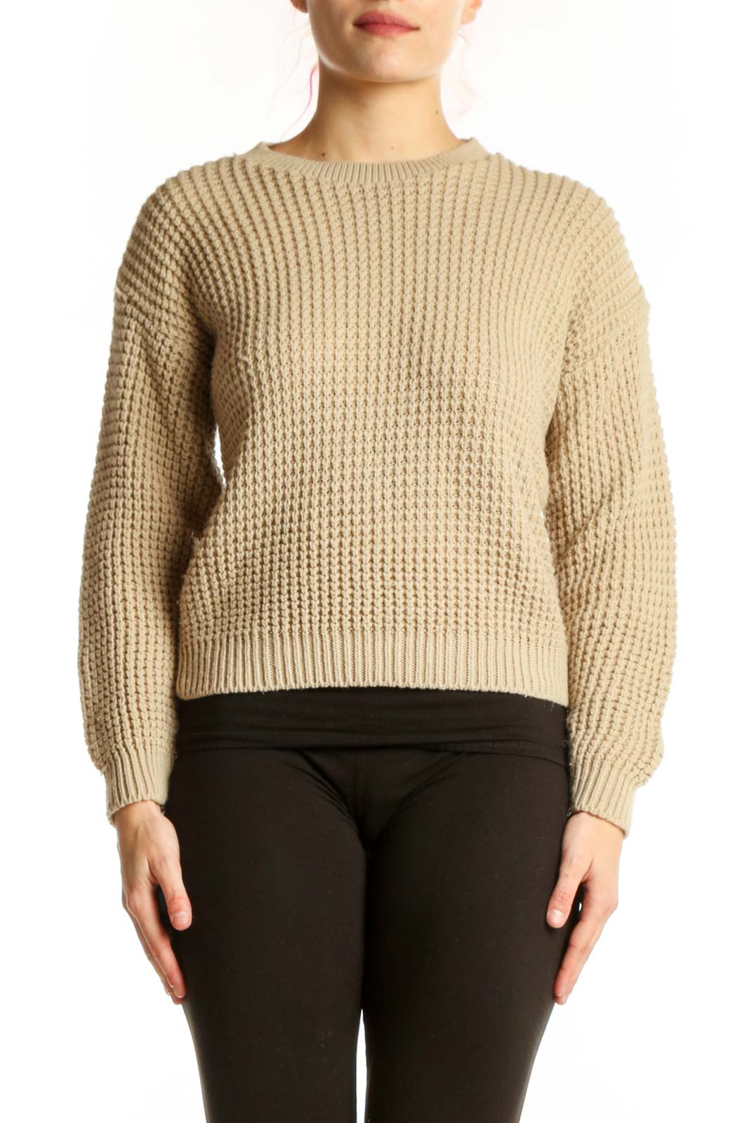 Cream ribbed knit pullover sweater with waffle texture and long sleeves, front view