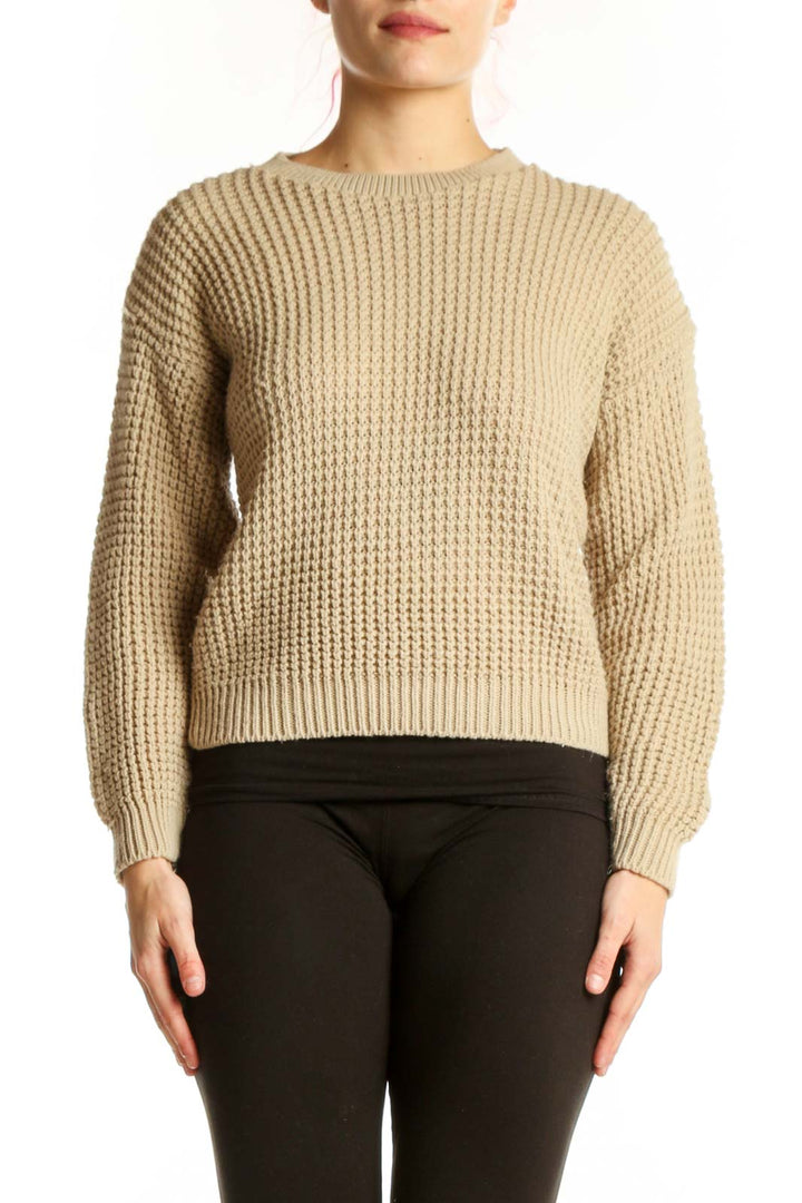 Cream ribbed knit pullover sweater with waffle texture and long sleeves, front view