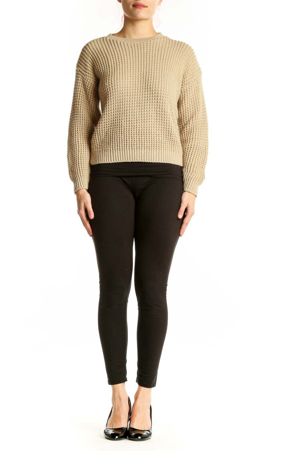 Cream ribbed knit pullover sweater with waffle texture and long sleeves, front view