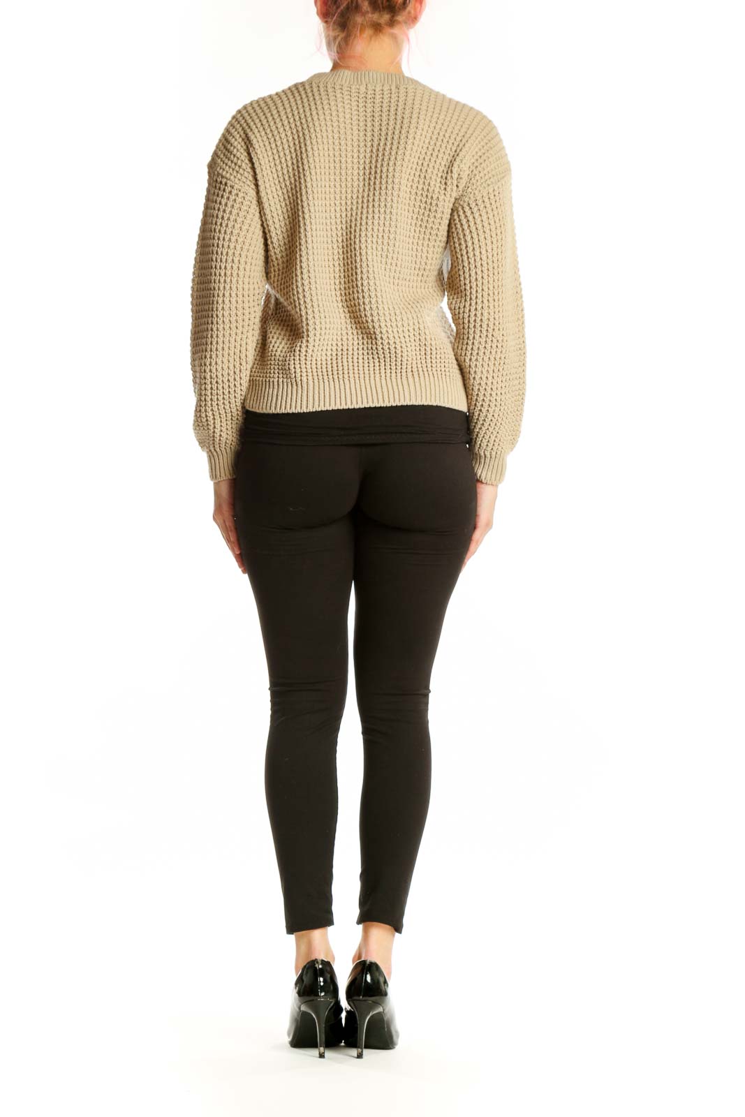 Cream ribbed knit pullover sweater with waffle texture, back view