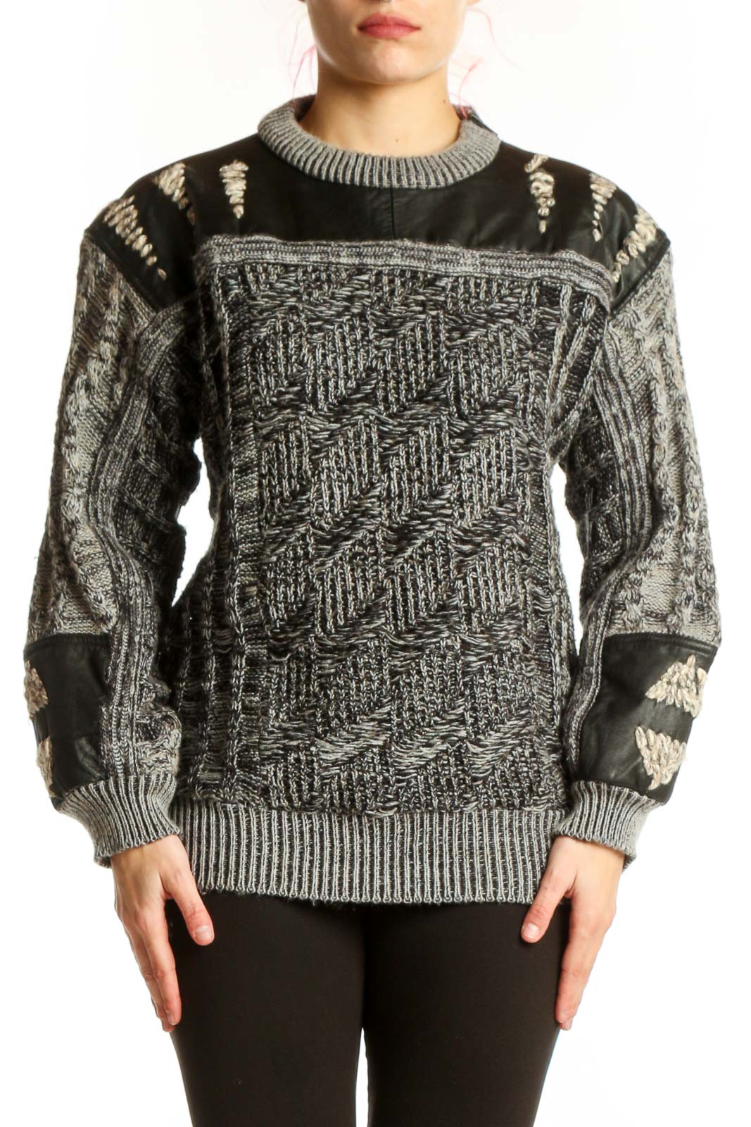 Black and cream geometric knit sweater with genuine leather shoulder and elbow patches, crew neckline, front view