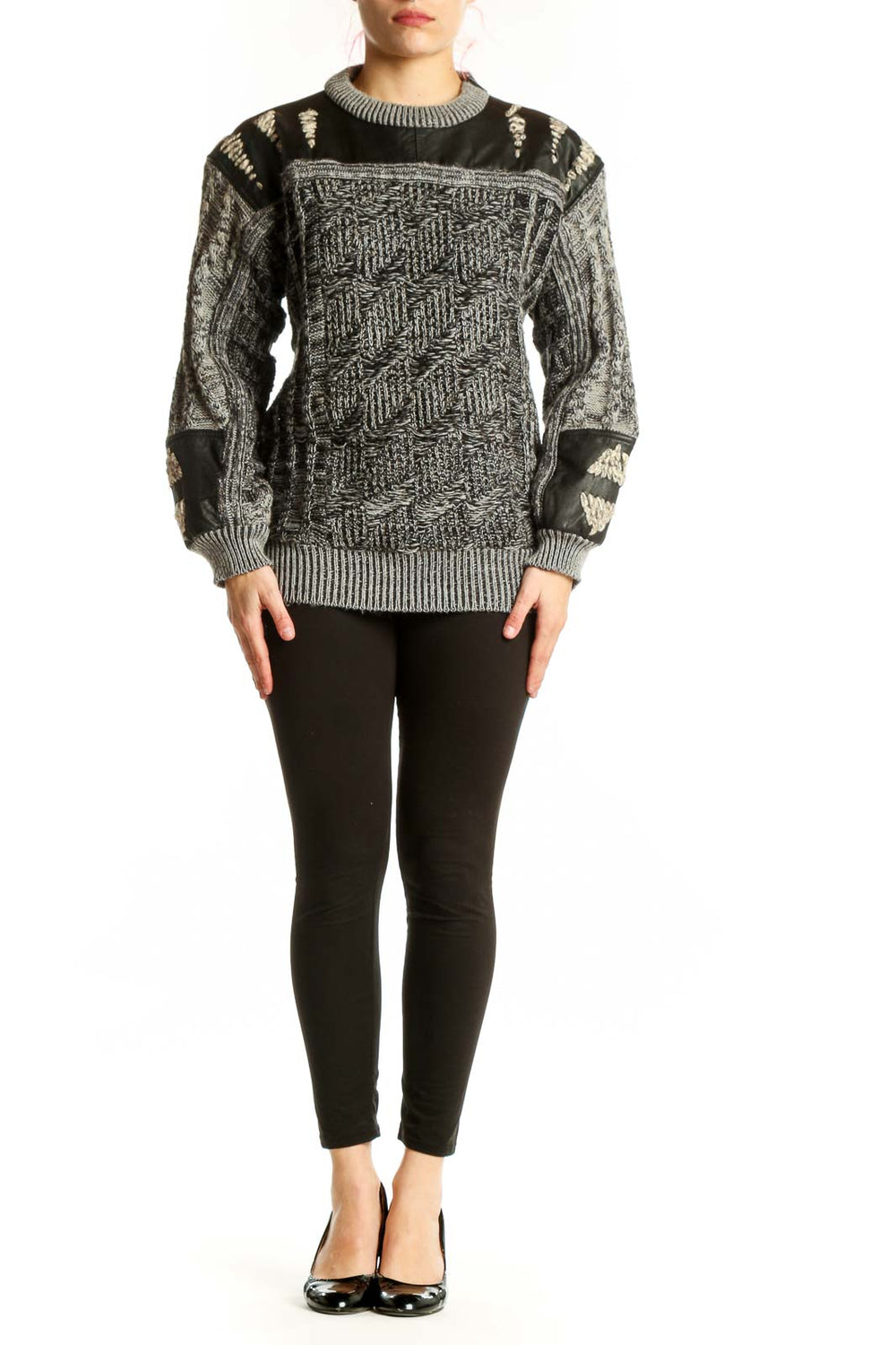 Black and cream geometric knit sweater with genuine leather shoulder and elbow patches, crew neckline, front view