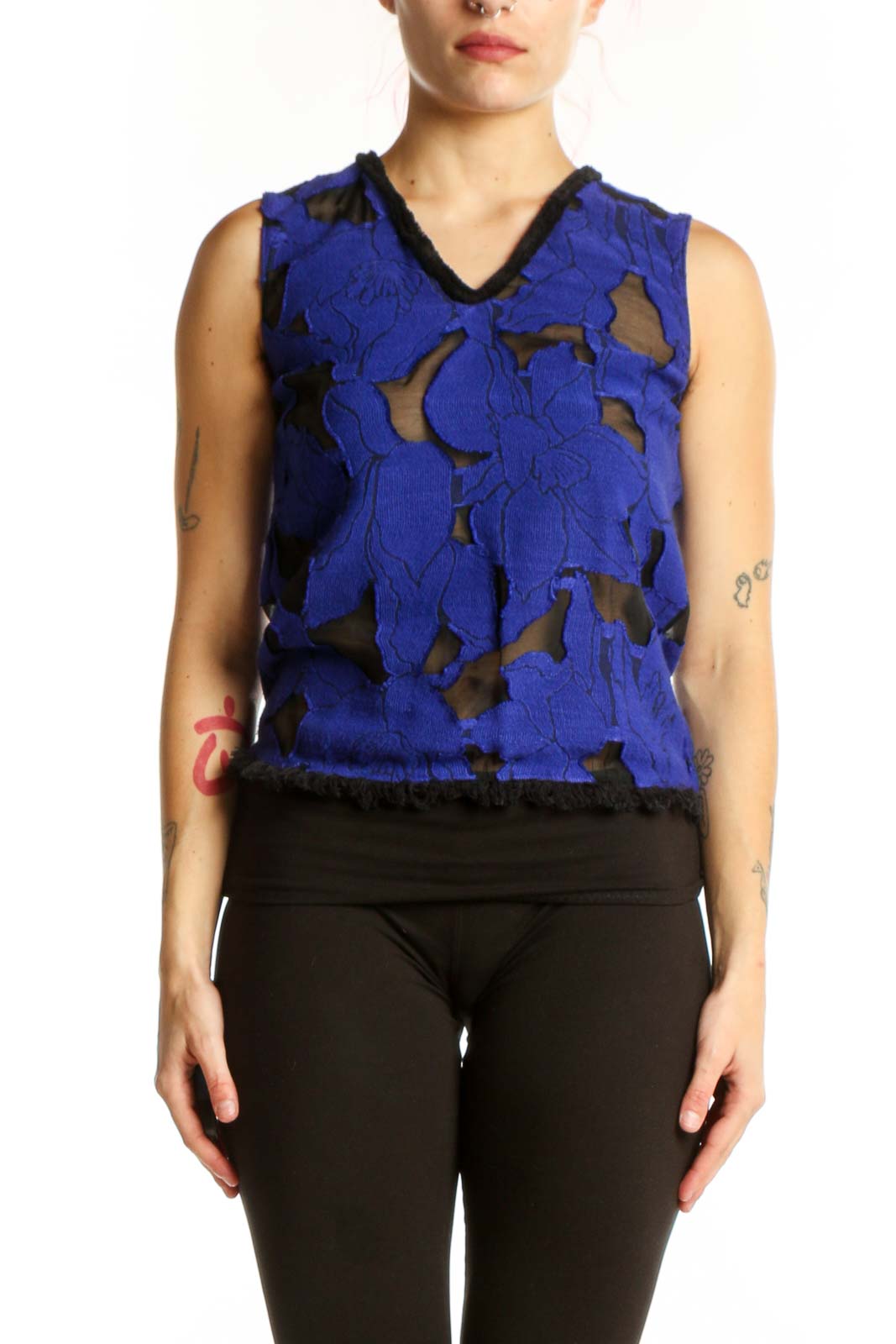 Elie Tahari blue sleeveless top with black cutout pattern and V-neckline, front view