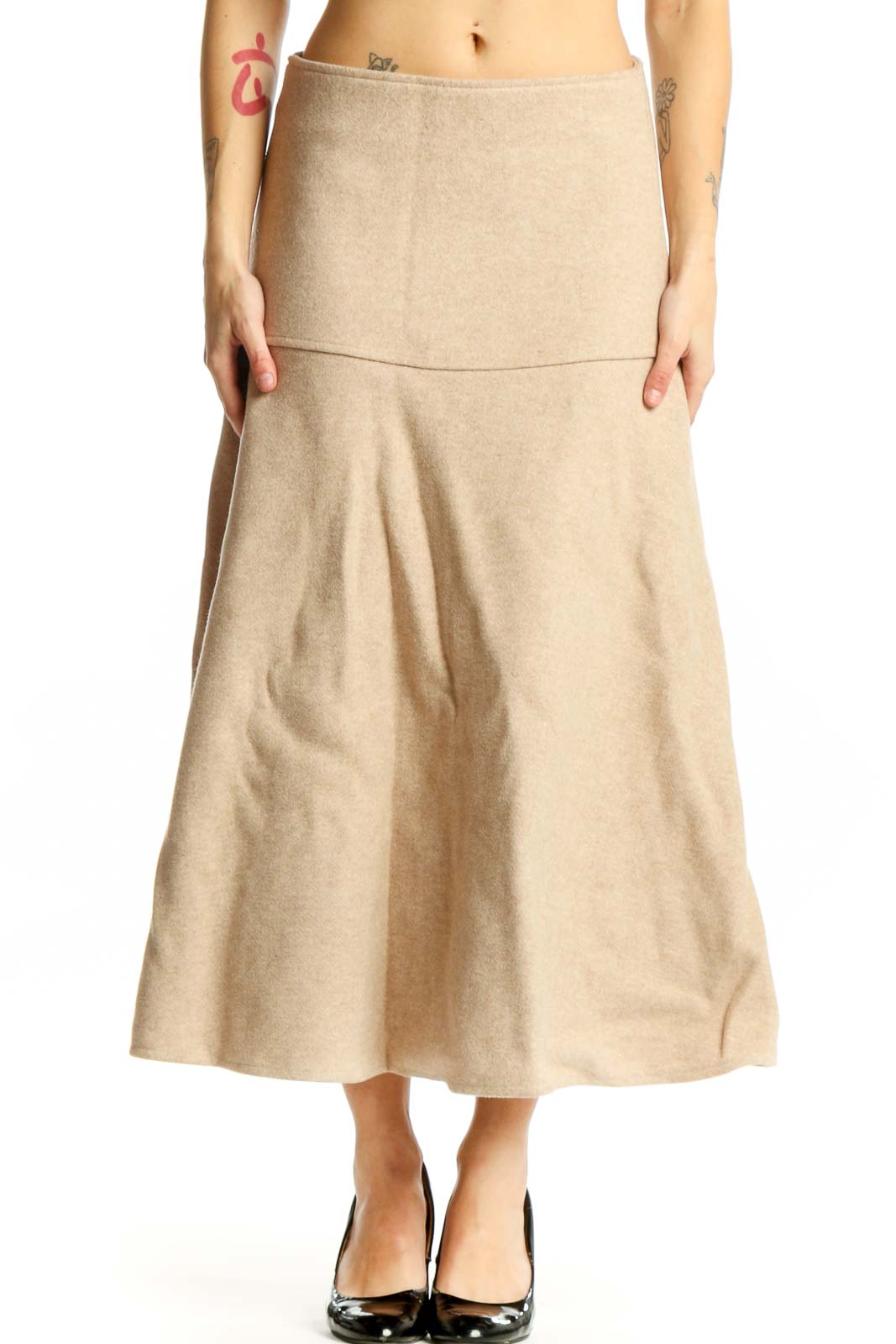 Beige A-line midi skirt front view, showing flattering silhouette and knee-length cut