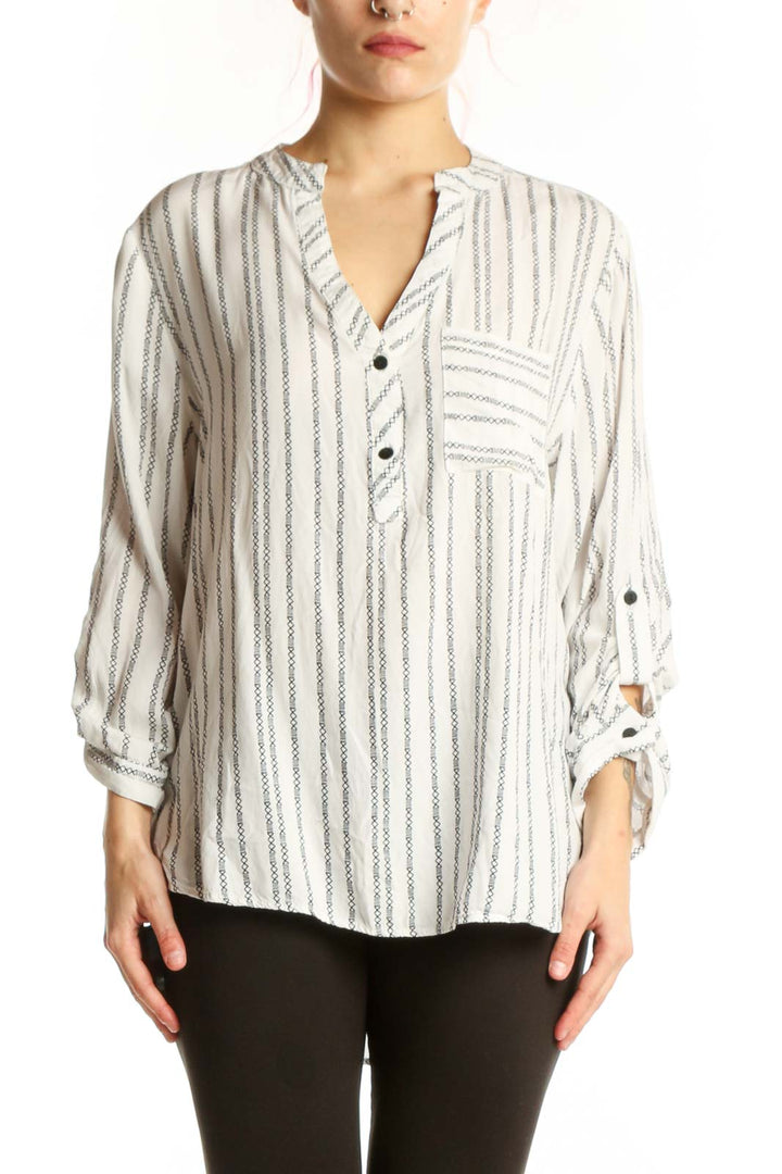 Cream and gray striped rayon button-up blouse with V-neckline and adjustable roll-tab sleeves, front view
