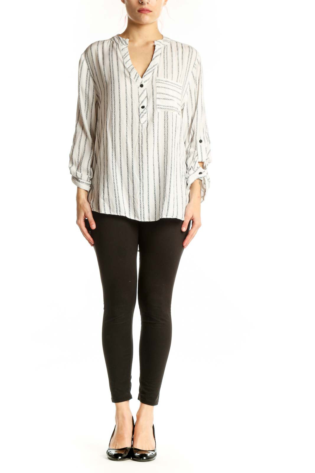 Cream and gray striped rayon button-up blouse with V-neckline and adjustable roll-tab sleeves, front view