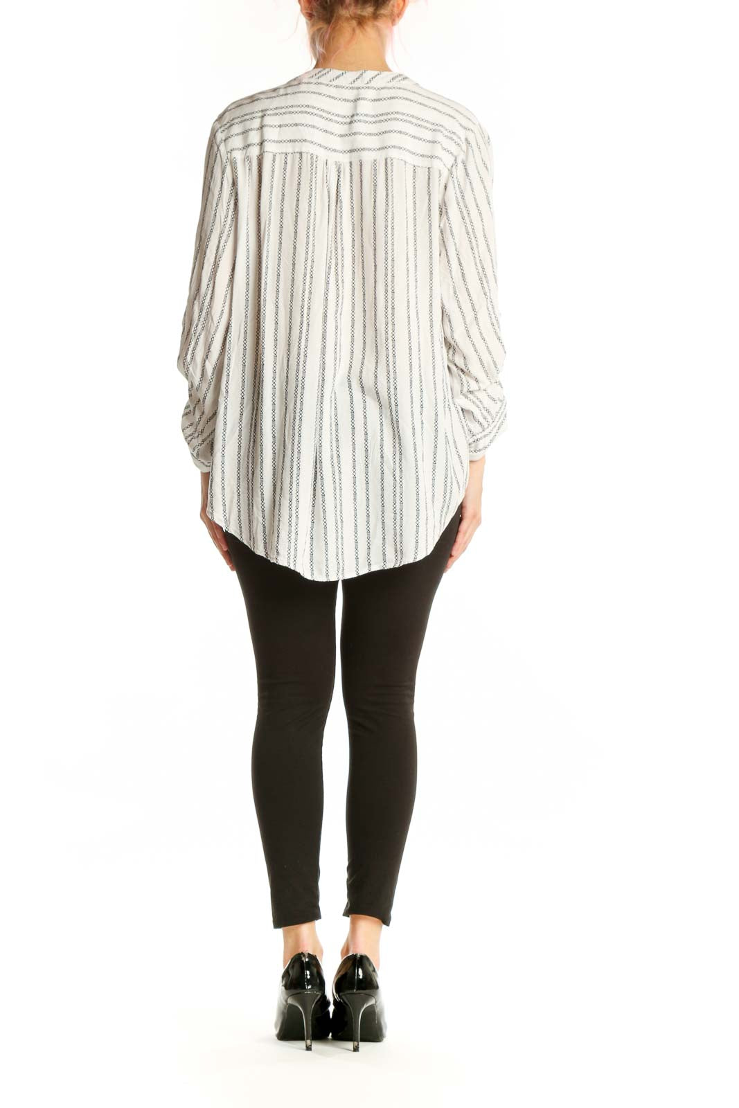 Cream and gray striped rayon button-up blouse with adjustable sleeves, back view