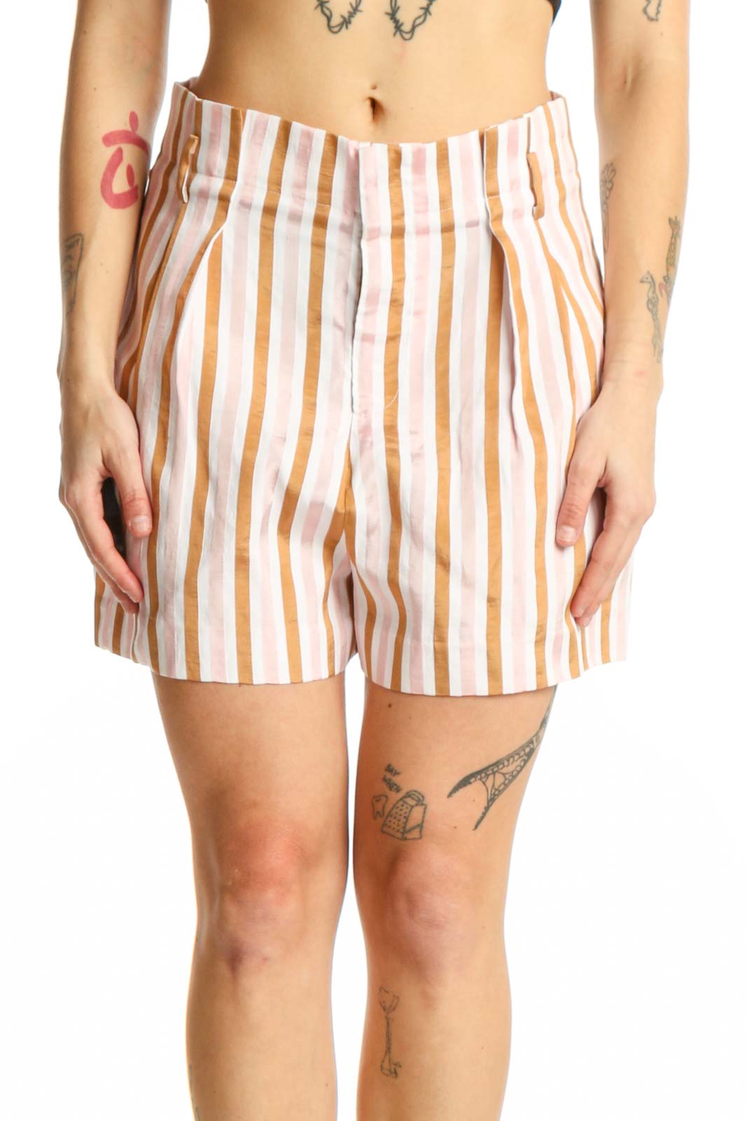 FRAME Denim cream and tan vertical striped pleated shorts front view, size S