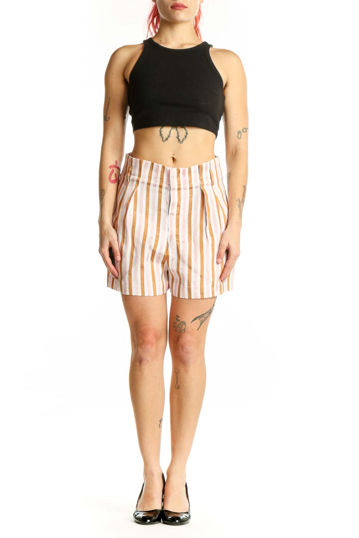 FRAME Denim cream and tan vertical striped pleated shorts front view, size S