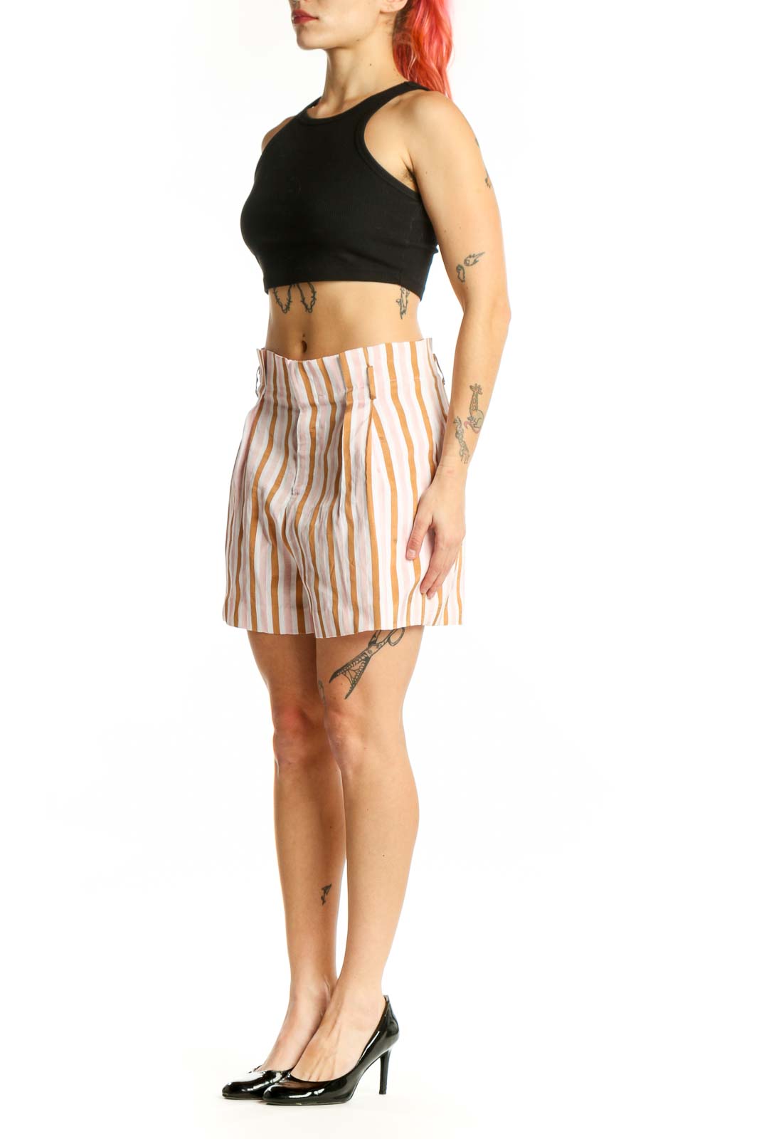 FRAME Denim cream and tan vertical striped pleated shorts front view, size S