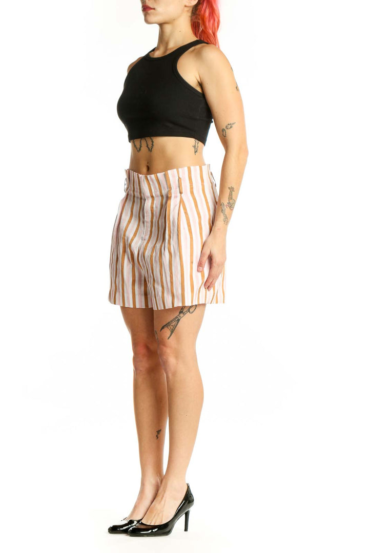 FRAME Denim cream and tan vertical striped pleated shorts front view, size S
