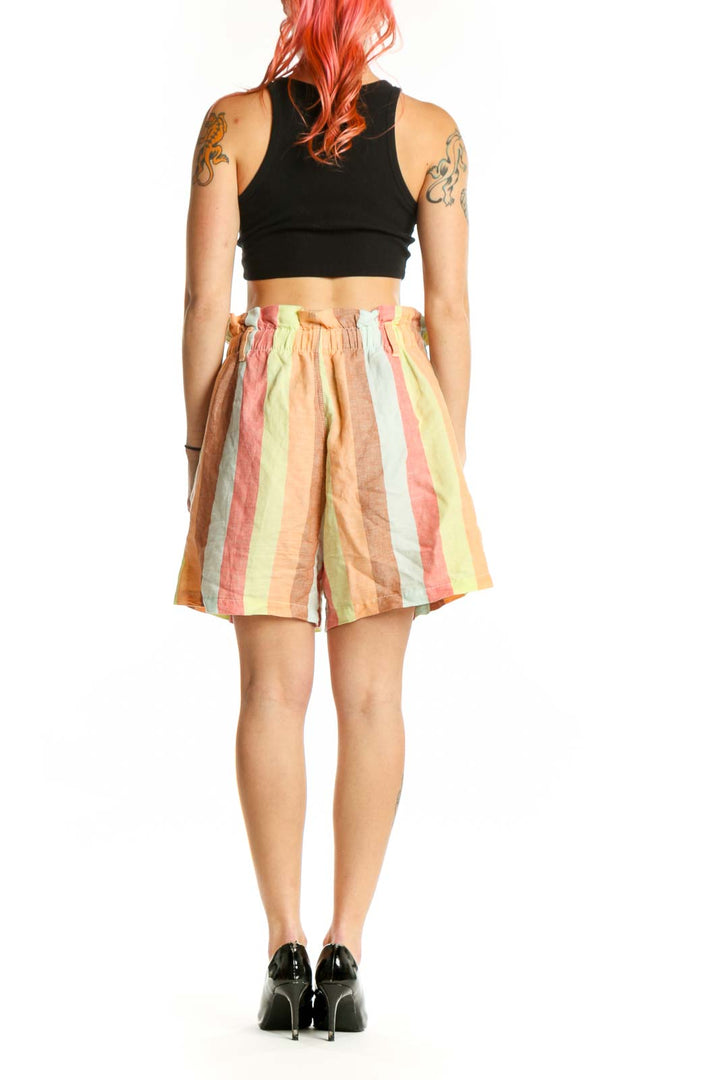 Back view of multicolor striped shorts showing vertical stripe pattern and relaxed fit silhouette