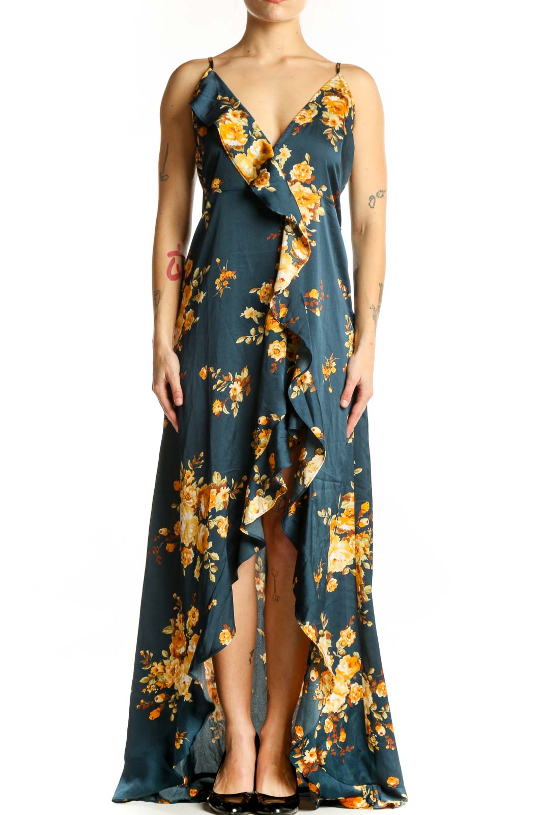Navy and gold floral wrap maxi dress with asymmetrical hemline and spaghetti straps, front view