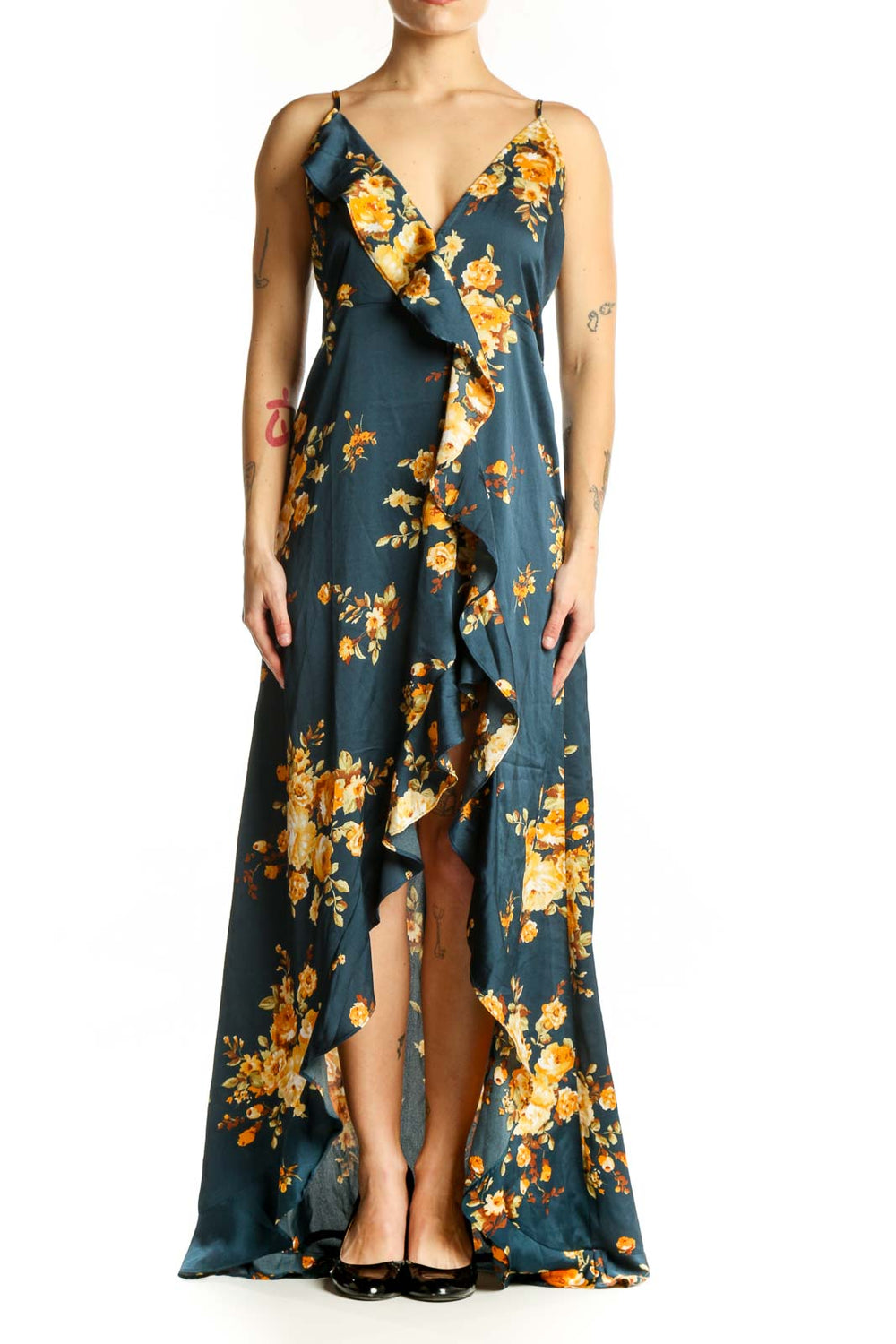 Navy and gold floral wrap maxi dress with asymmetrical hemline and spaghetti straps, front view