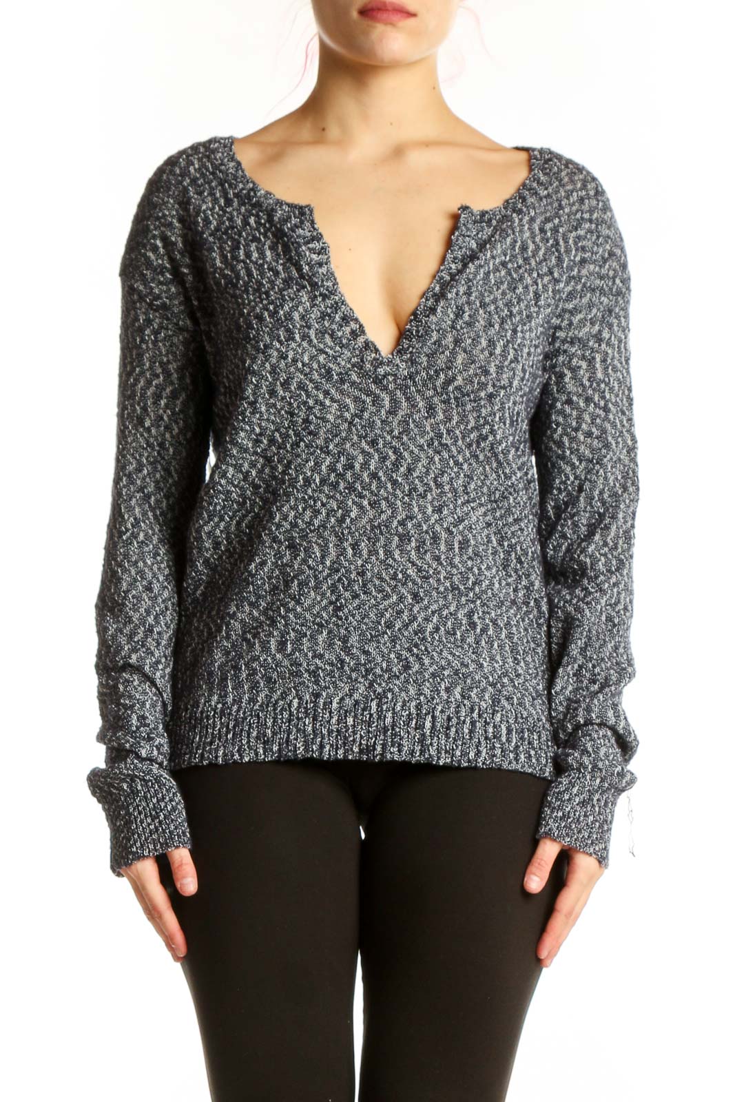 Gray heathered V-neck knit sweater by Athleta with textured knit design and ribbed cuffs, front view