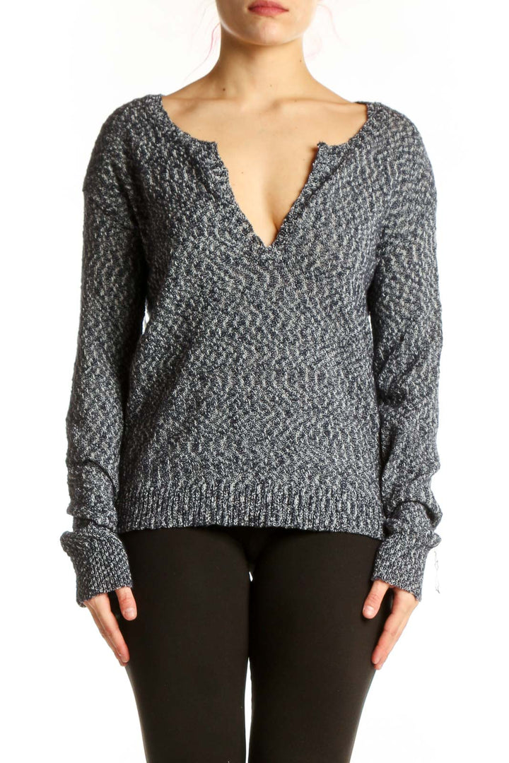 Gray heathered V-neck knit sweater by Athleta with textured knit design and ribbed cuffs, front view