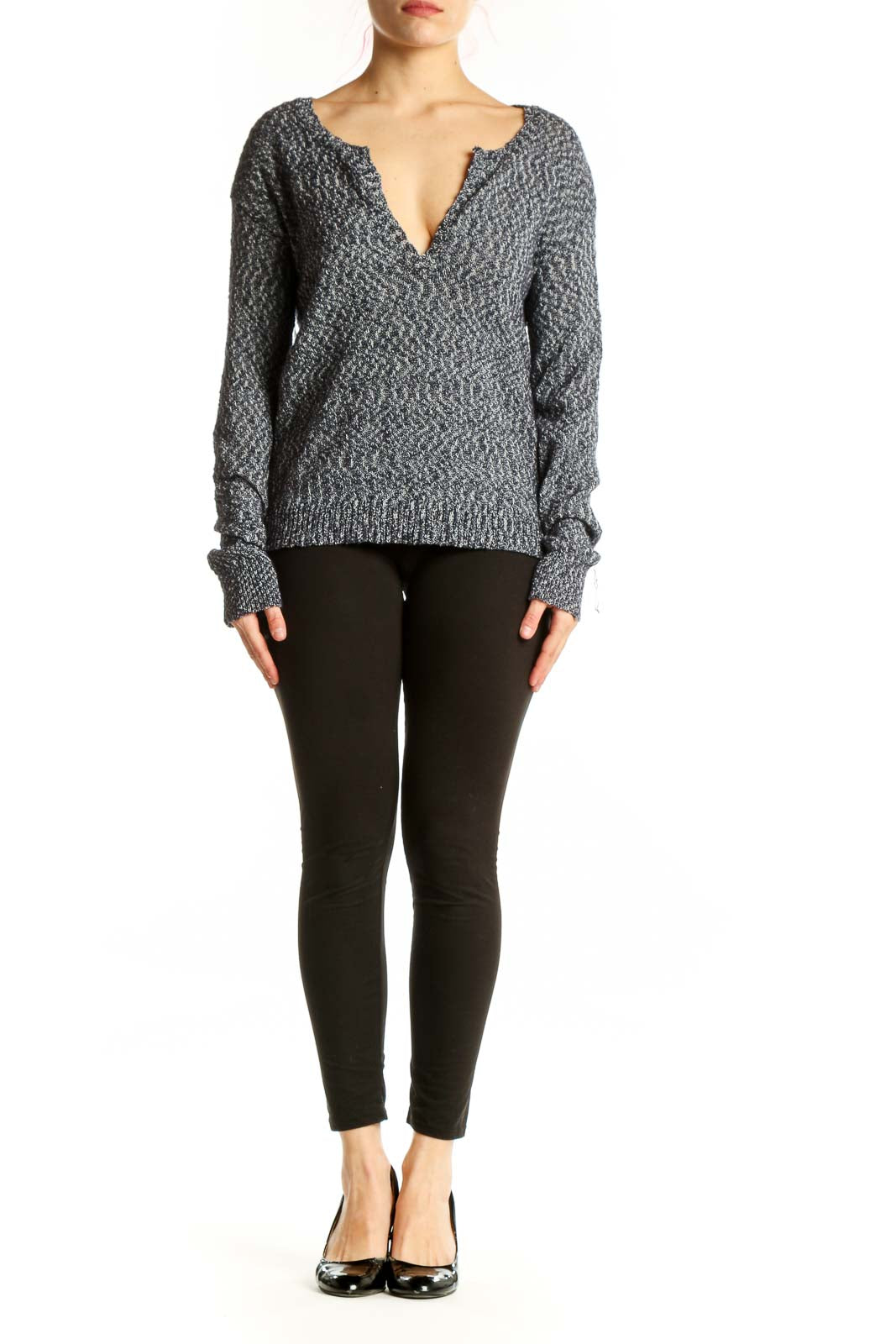 Gray heathered V-neck knit sweater by Athleta with textured knit design and ribbed cuffs, front view