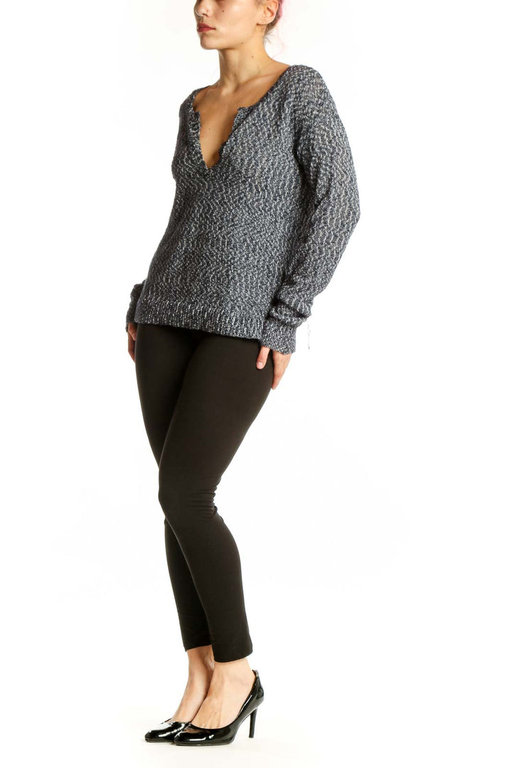 Gray heathered V-neck knit sweater by Athleta with textured knit design and ribbed cuffs, front view