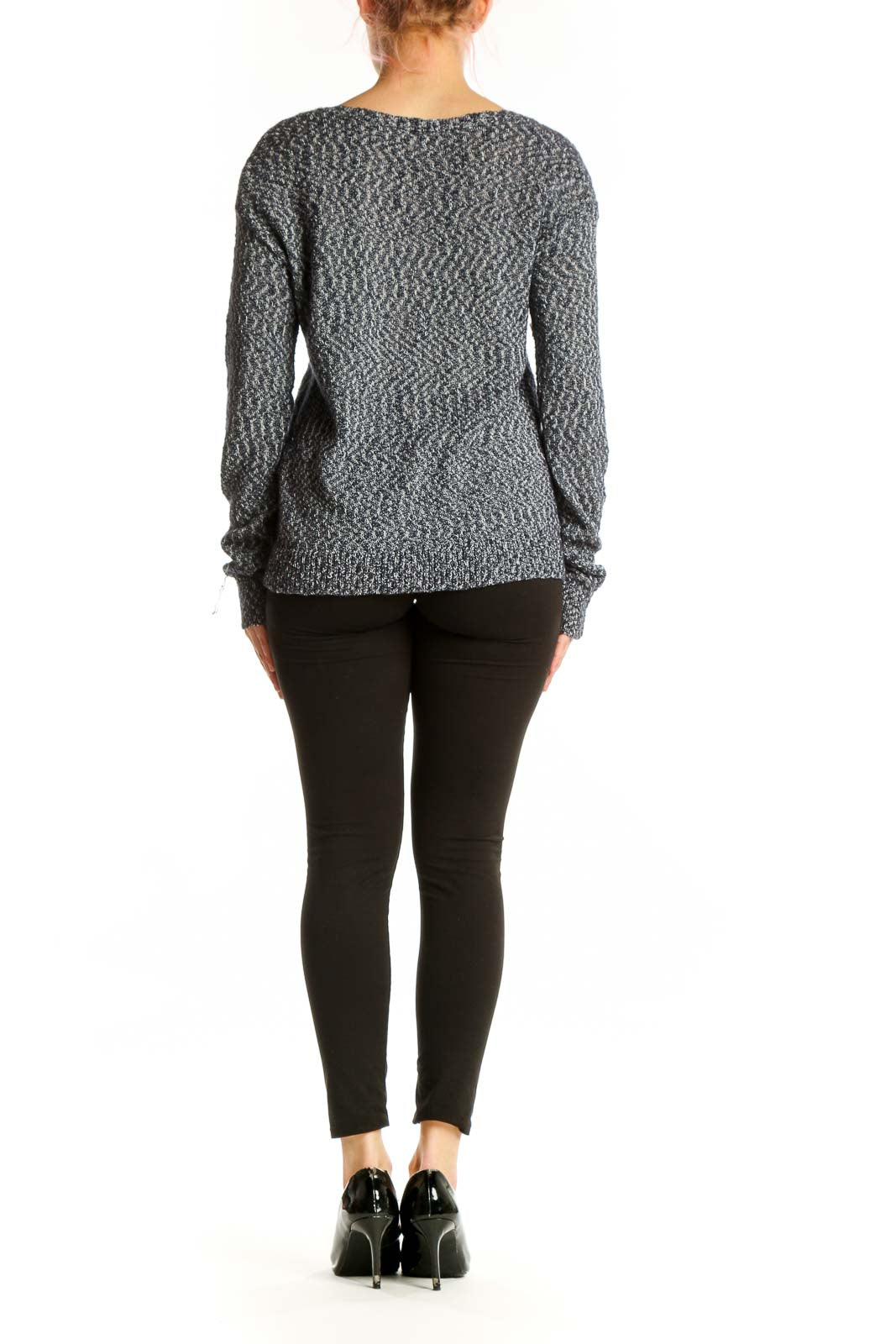 Gray heathered V-neck knit sweater by Athleta with textured knit design, back view