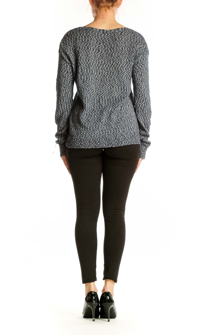Gray heathered V-neck knit sweater by Athleta with textured knit design, back view