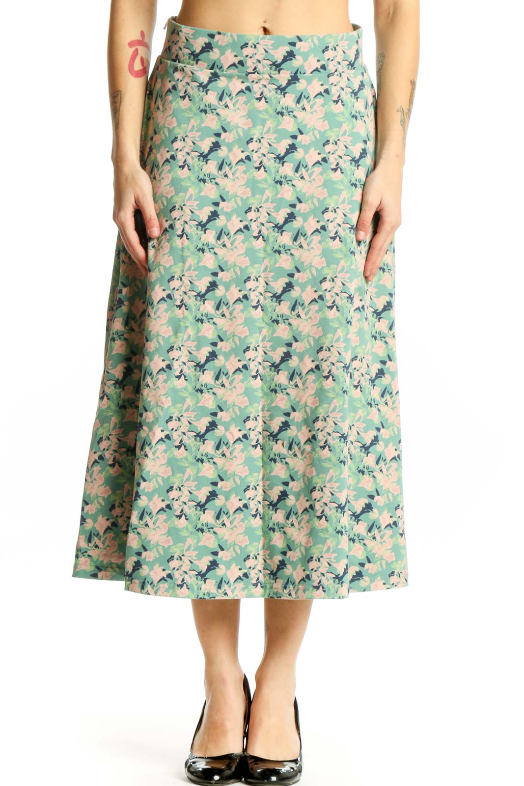 Mint green floral A-line midi skirt with botanical print, front view