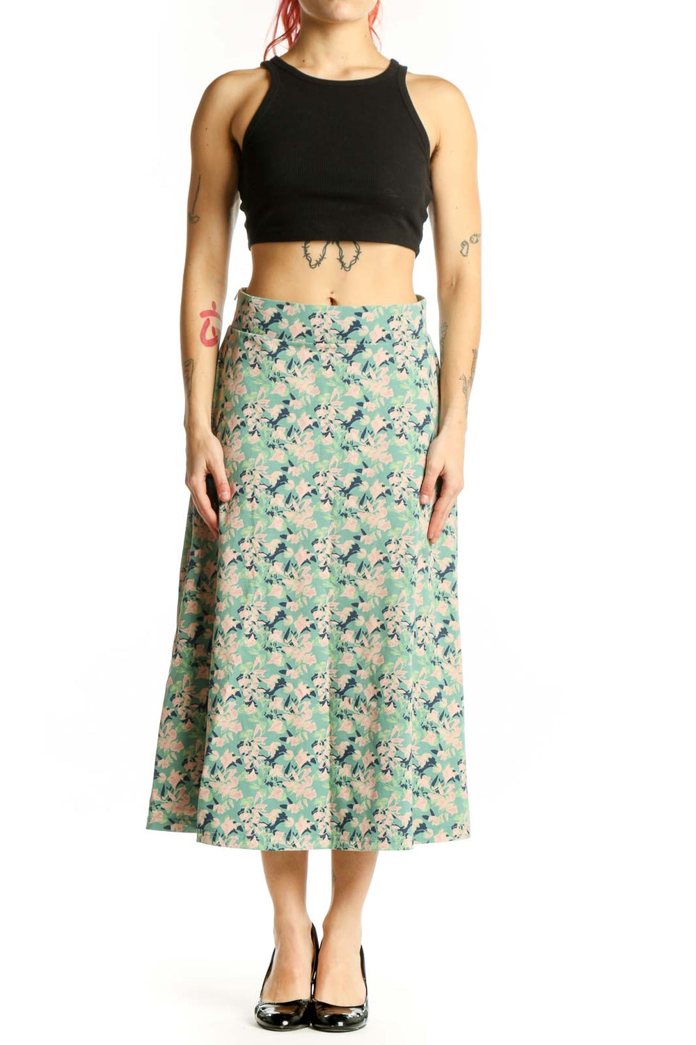 Mint green floral A-line midi skirt with botanical print, front view