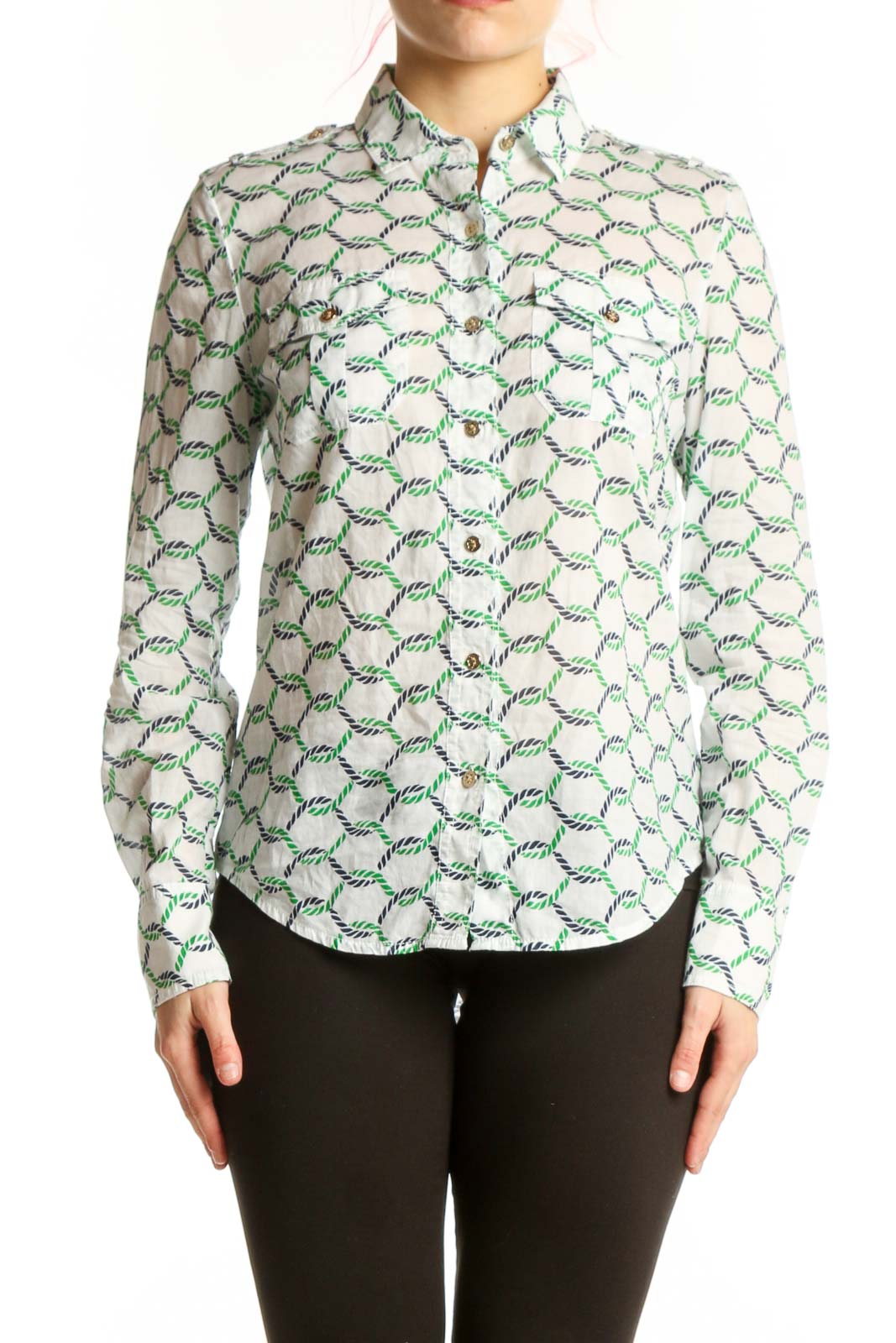 Tory Burch cream cotton button-up shirt with green and navy geometric print, front view on model