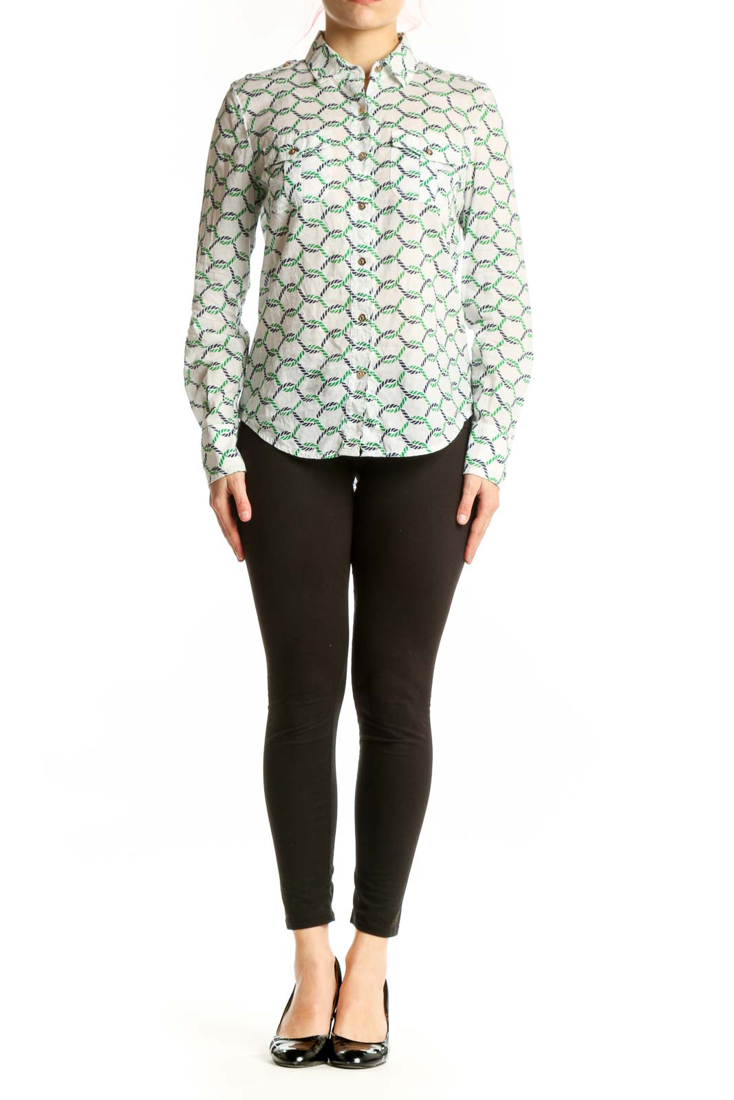 Tory Burch cream cotton button-up shirt with green and navy geometric print, front view on model