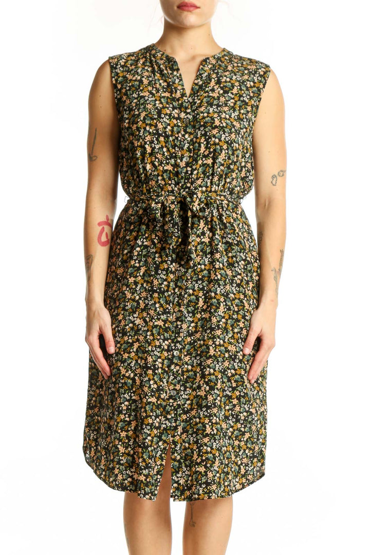 Black floral print sleeveless Amour Vert shirt dress with button-front and waist tie, front view