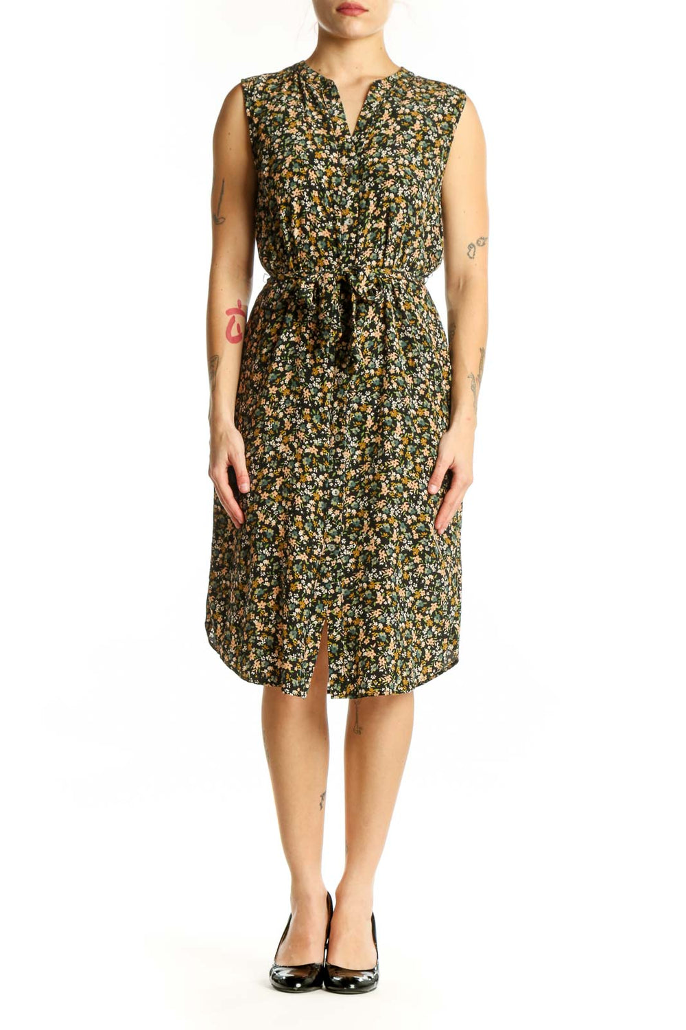 Black floral print sleeveless Amour Vert shirt dress with button-front and waist tie, front view