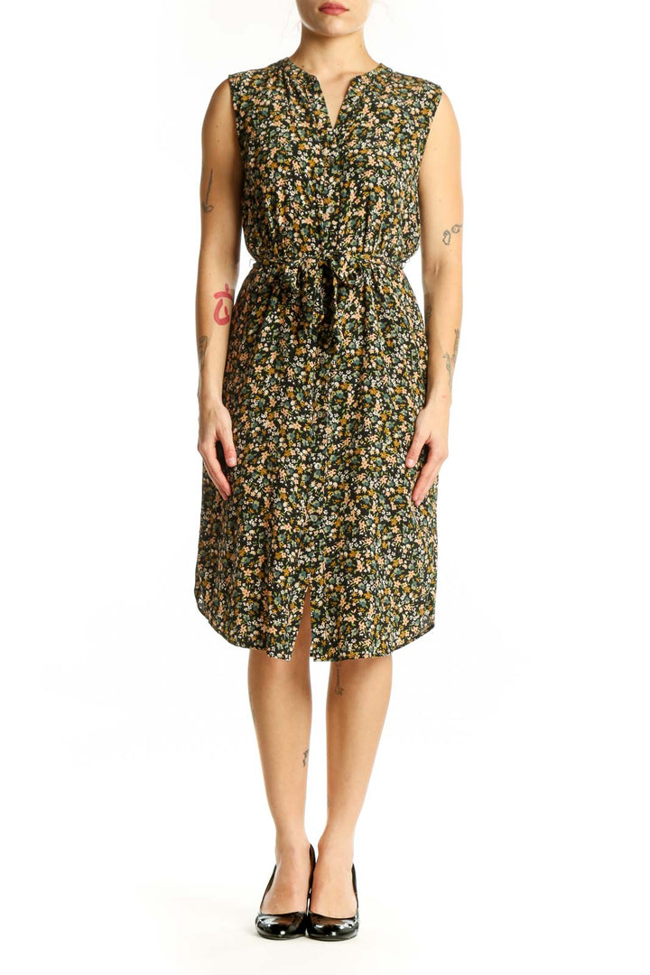 Black floral print sleeveless Amour Vert shirt dress with button-front and waist tie, front view