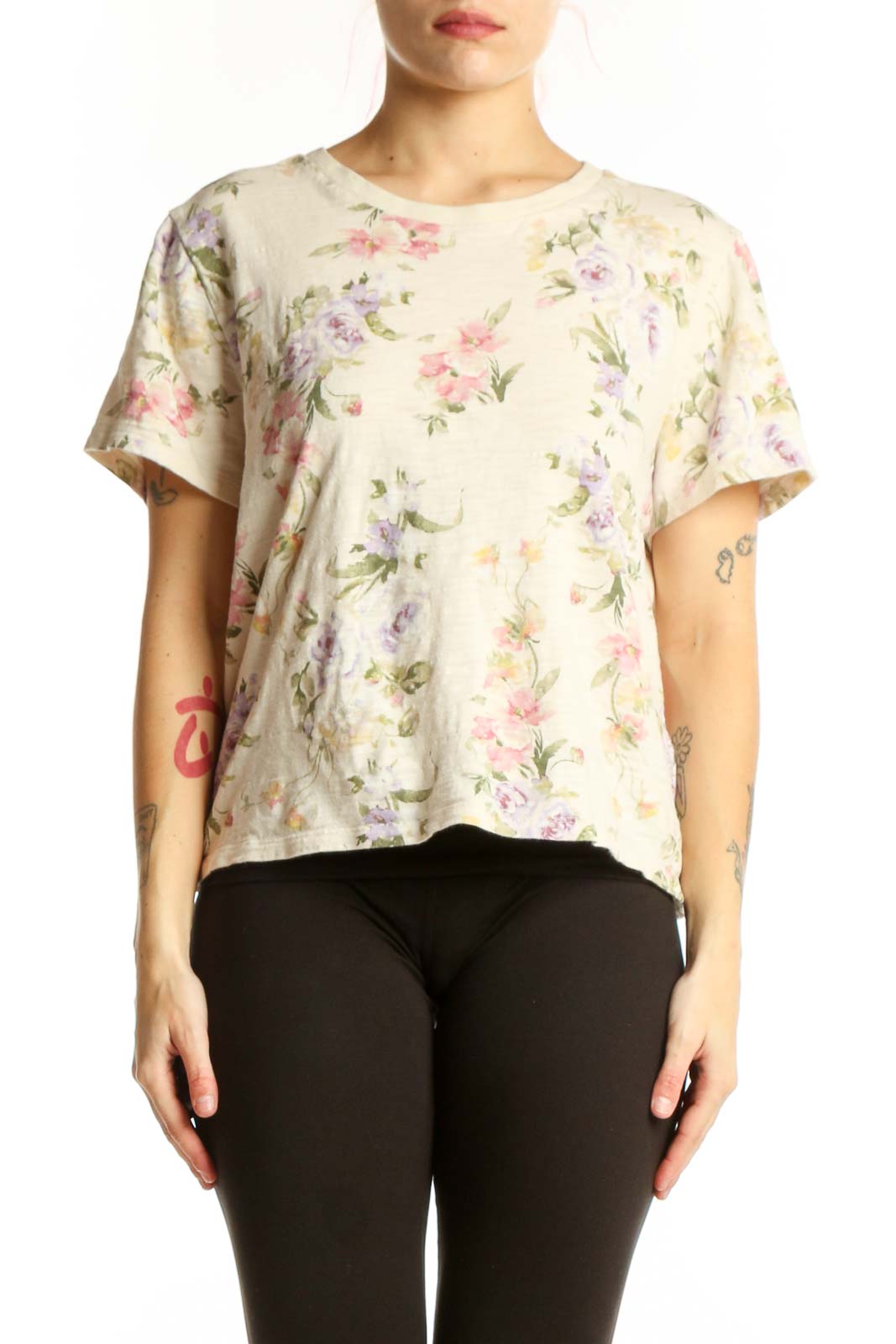 Cream floral short sleeve cotton top with pink, purple, and yellow flowers by Gap x LoveShackFancy