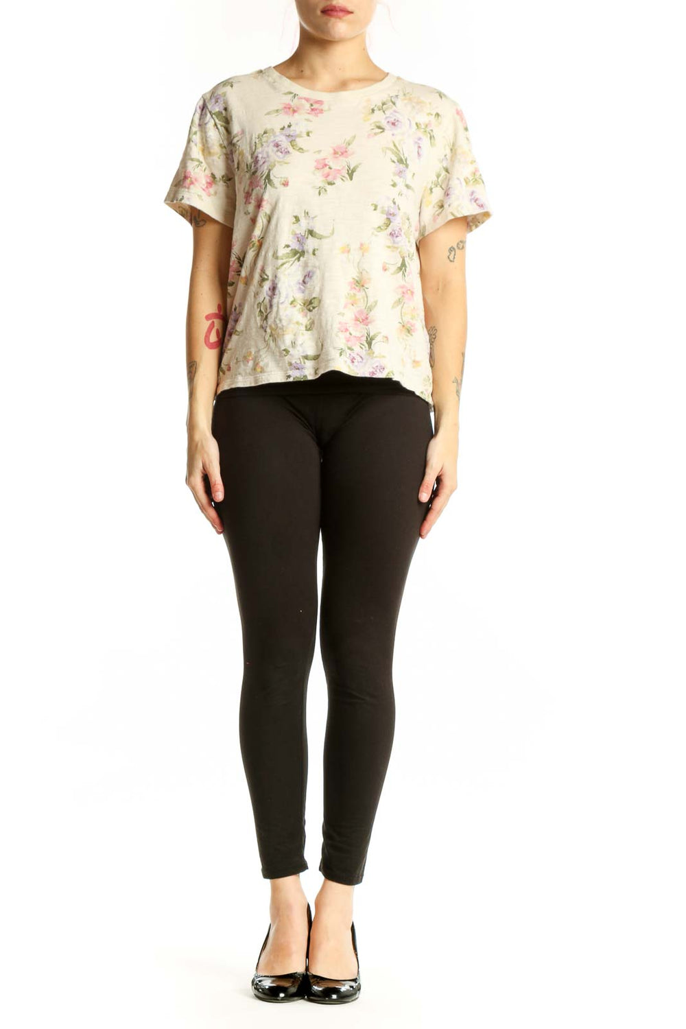 Cream floral short sleeve cotton top with pink, purple, and yellow flowers by Gap x LoveShackFancy