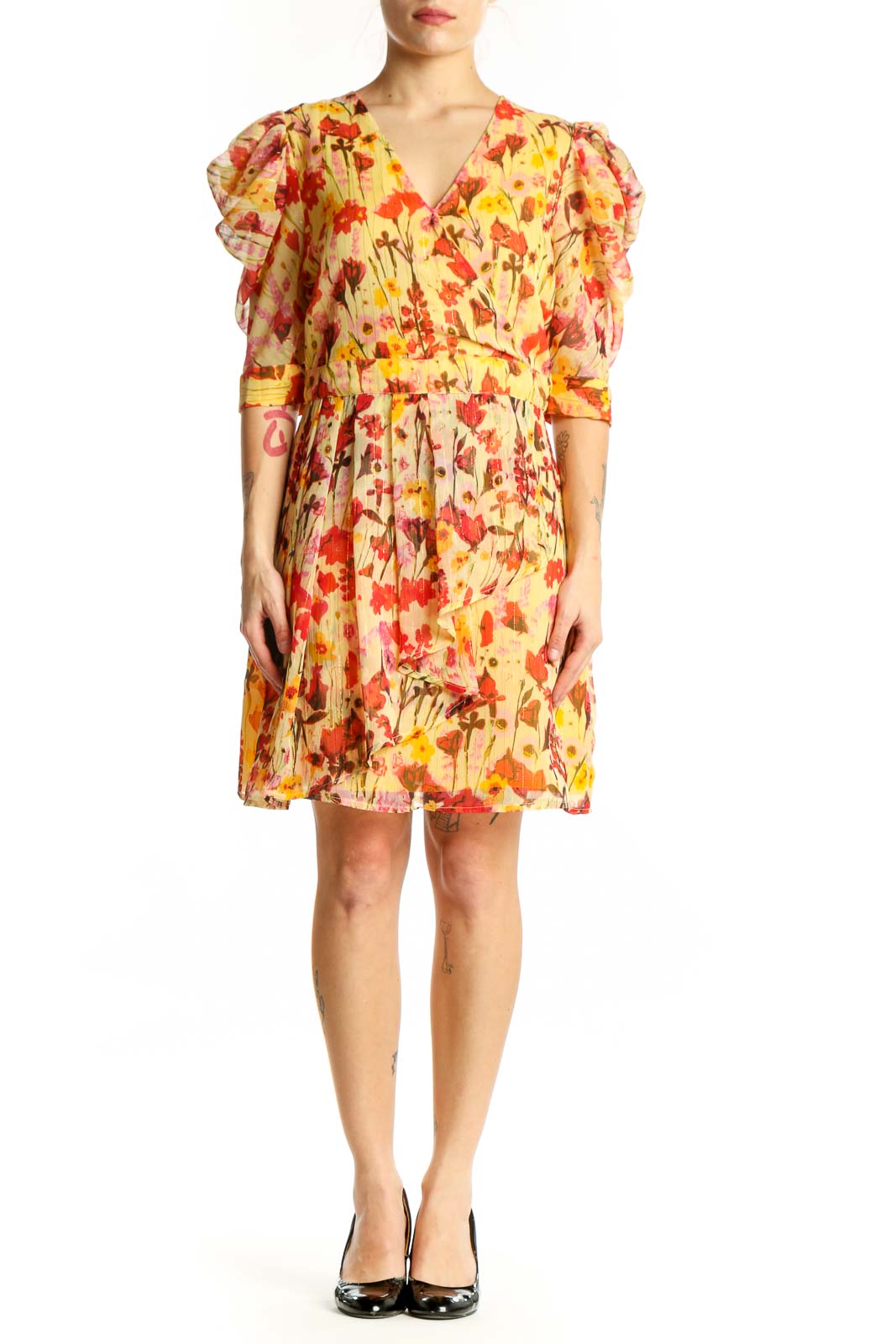 Red and yellow floral Walter Baker dress with puffed three-quarter sleeves and wrap V-neckline, front view