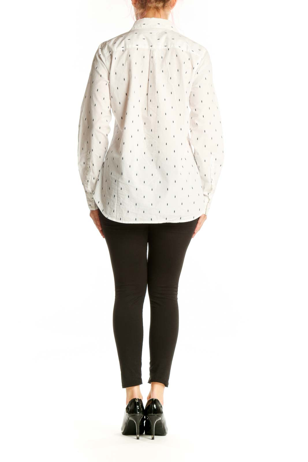 Cream Pima cotton button-up shirt with navy dash pattern, back view on model