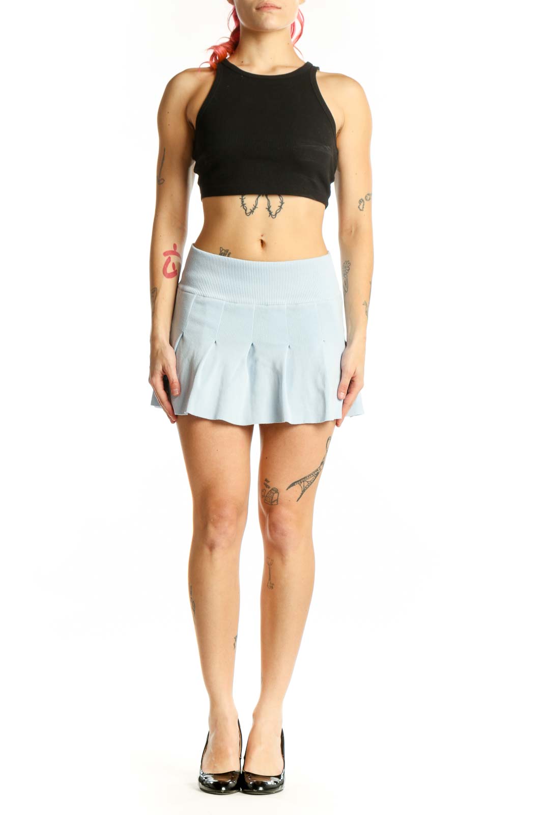 Light blue pleated mini skirt with A-line silhouette and ribbed waistband, front view