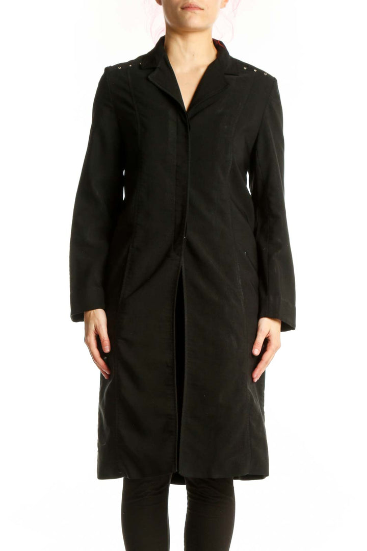 Black notch collar button-front coat dress by CYNTHIA Cynthia Steffe, front view on model