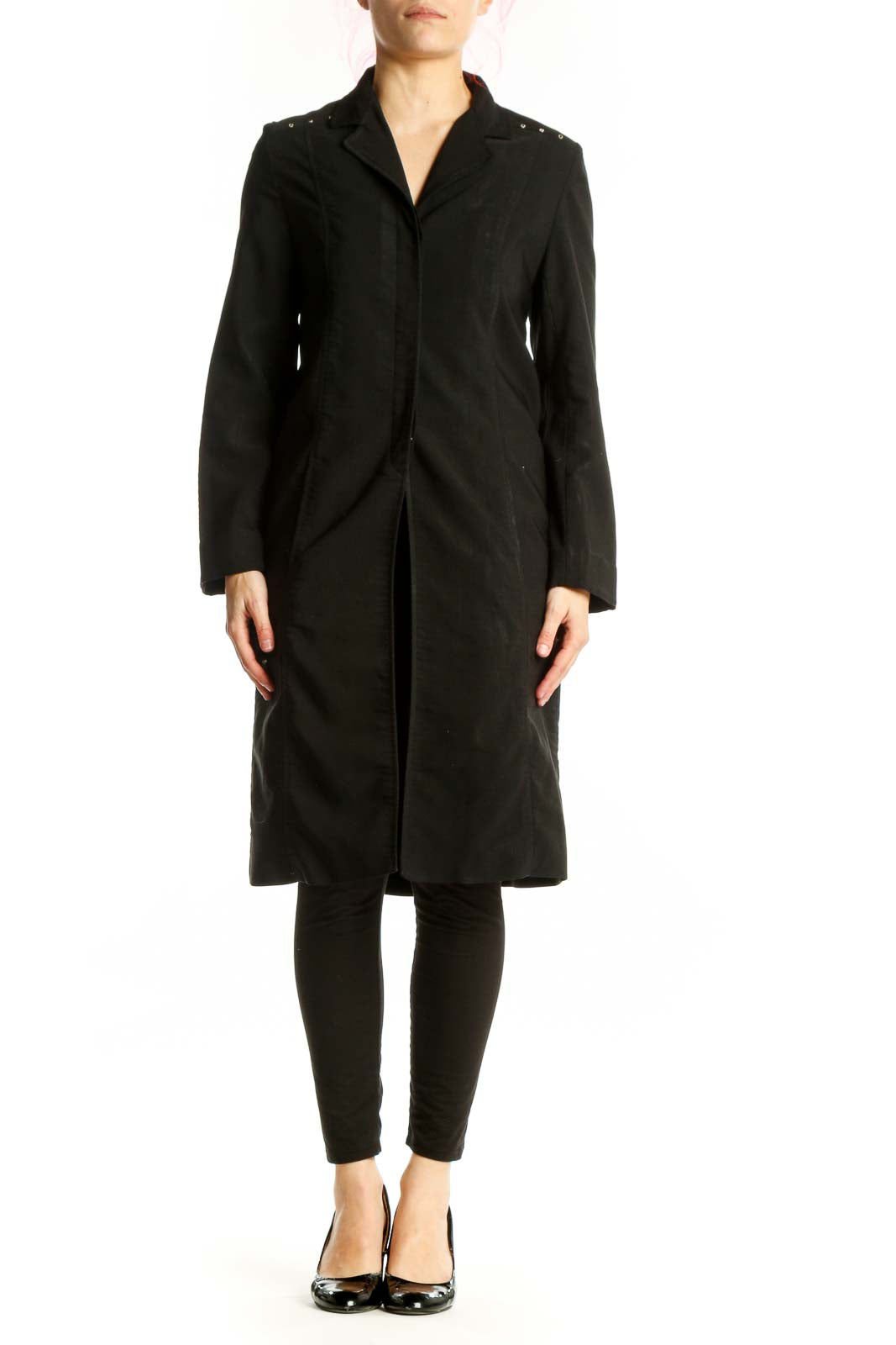 Black notch collar button-front coat dress by CYNTHIA Cynthia Steffe, front view on model