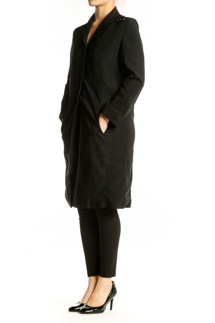 Black notch collar button-front coat dress by CYNTHIA Cynthia Steffe, front view on model
