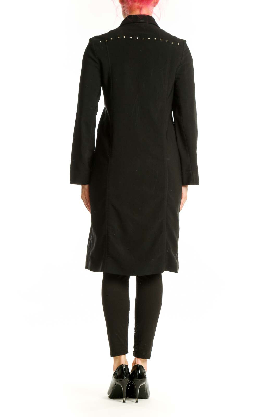 Black notch collar button-front coat dress by CYNTHIA Cynthia Steffe, back view showing functional pockets